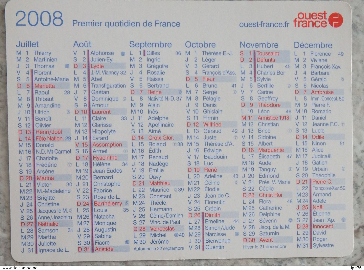 Petit Calendrier De Poche 2008 Journal Ouest France - Tamaño Pequeño : 2001-...