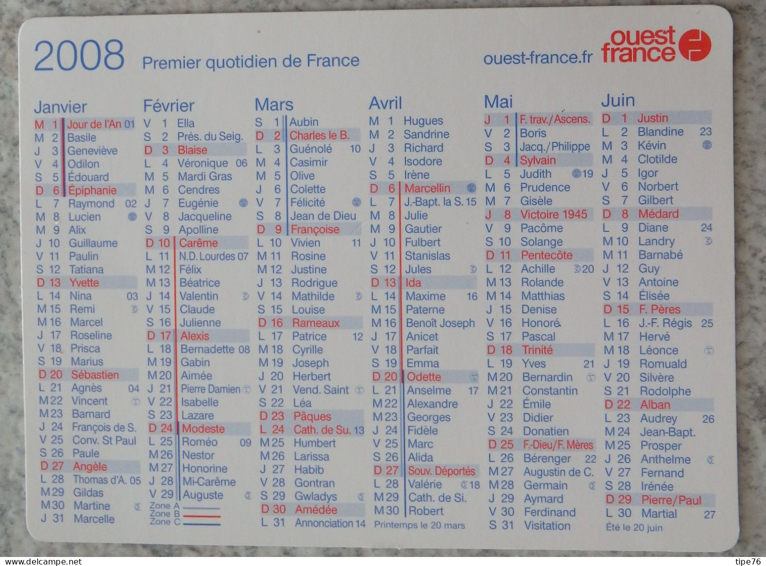 Petit Calendrier De Poche 2008 Journal Ouest France - Small : 2001-...