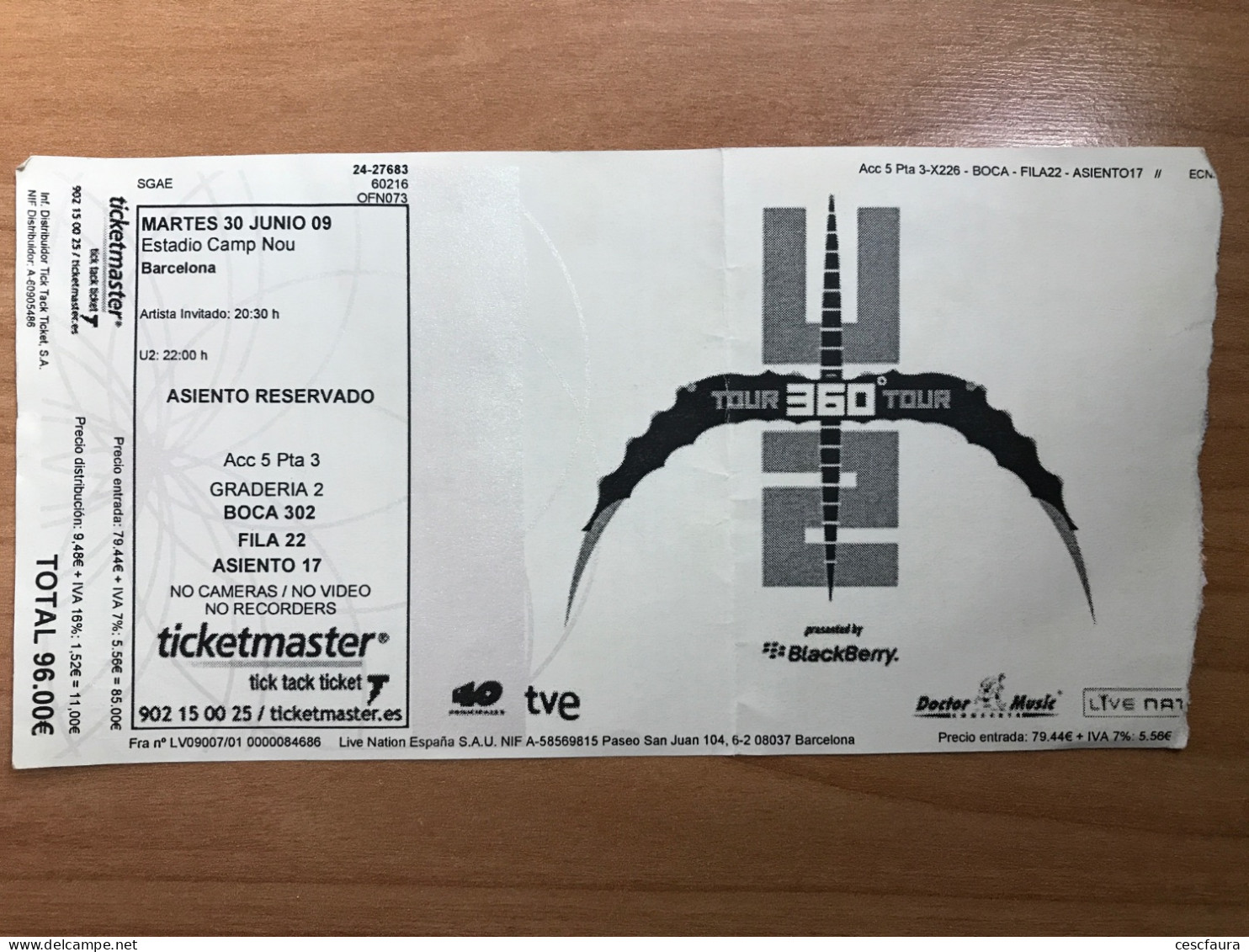 U2 Concert Ticket Barcelona 30/06/2009 Camp Nou Entrada Billet - Concerttickets