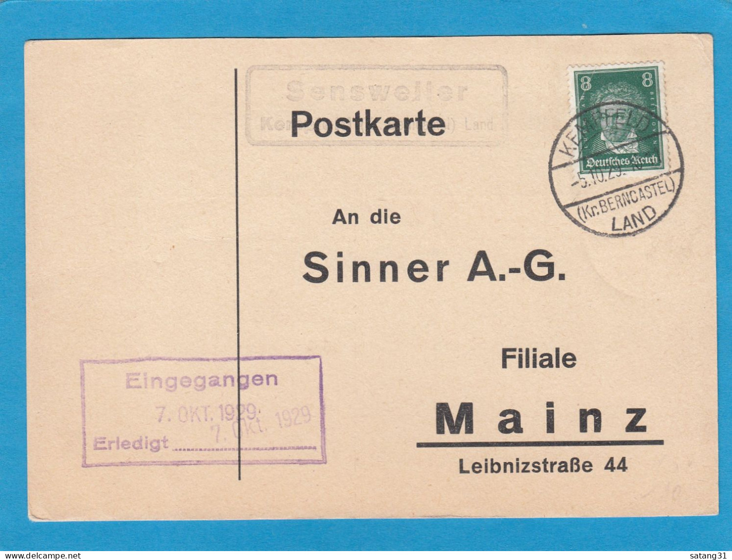 POSTKARTE AUS KEMPFELD MIT LANDPOSTSTEMPEL "SENSWEILER". - Covers & Documents