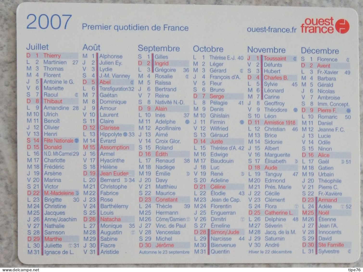 Petit Calendrier De Poche 2007 Journal Ouest France - Formato Piccolo : 2001-...