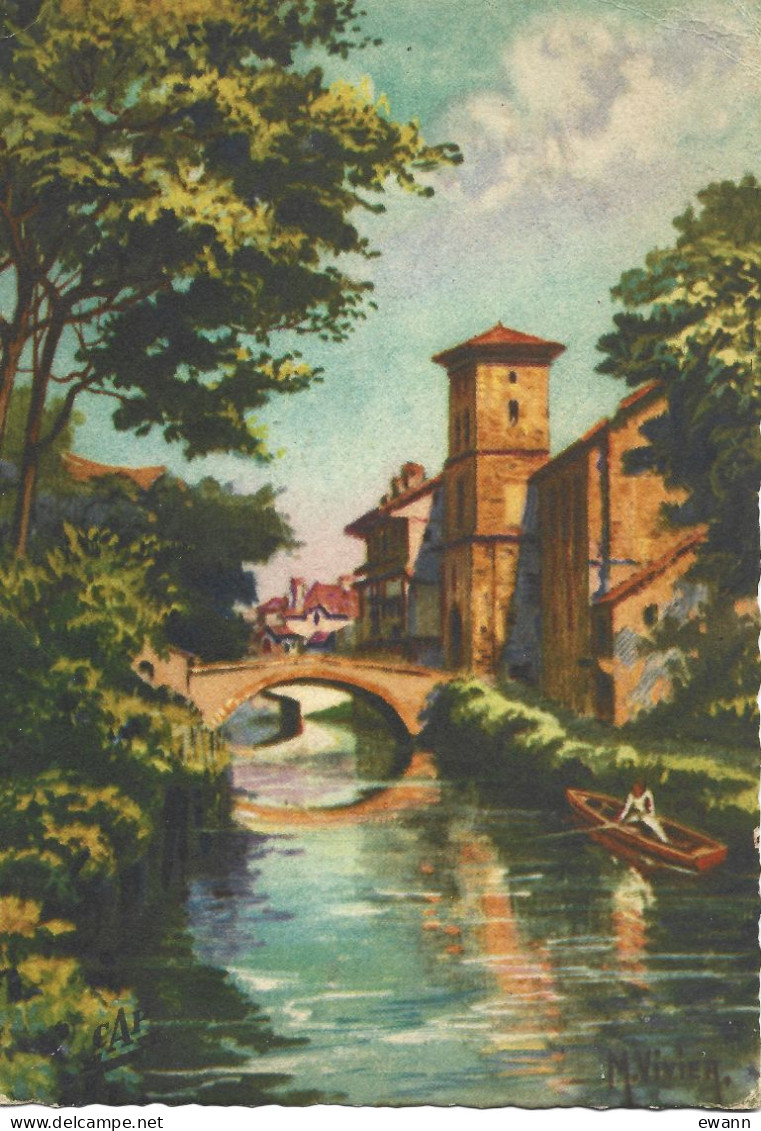 Carte Postale - St-Jean-Pied-de Port - La Nive, Pont D'Espagne Et Le Clocher - Illustration M.Vivier - Saint Jean Pied De Port