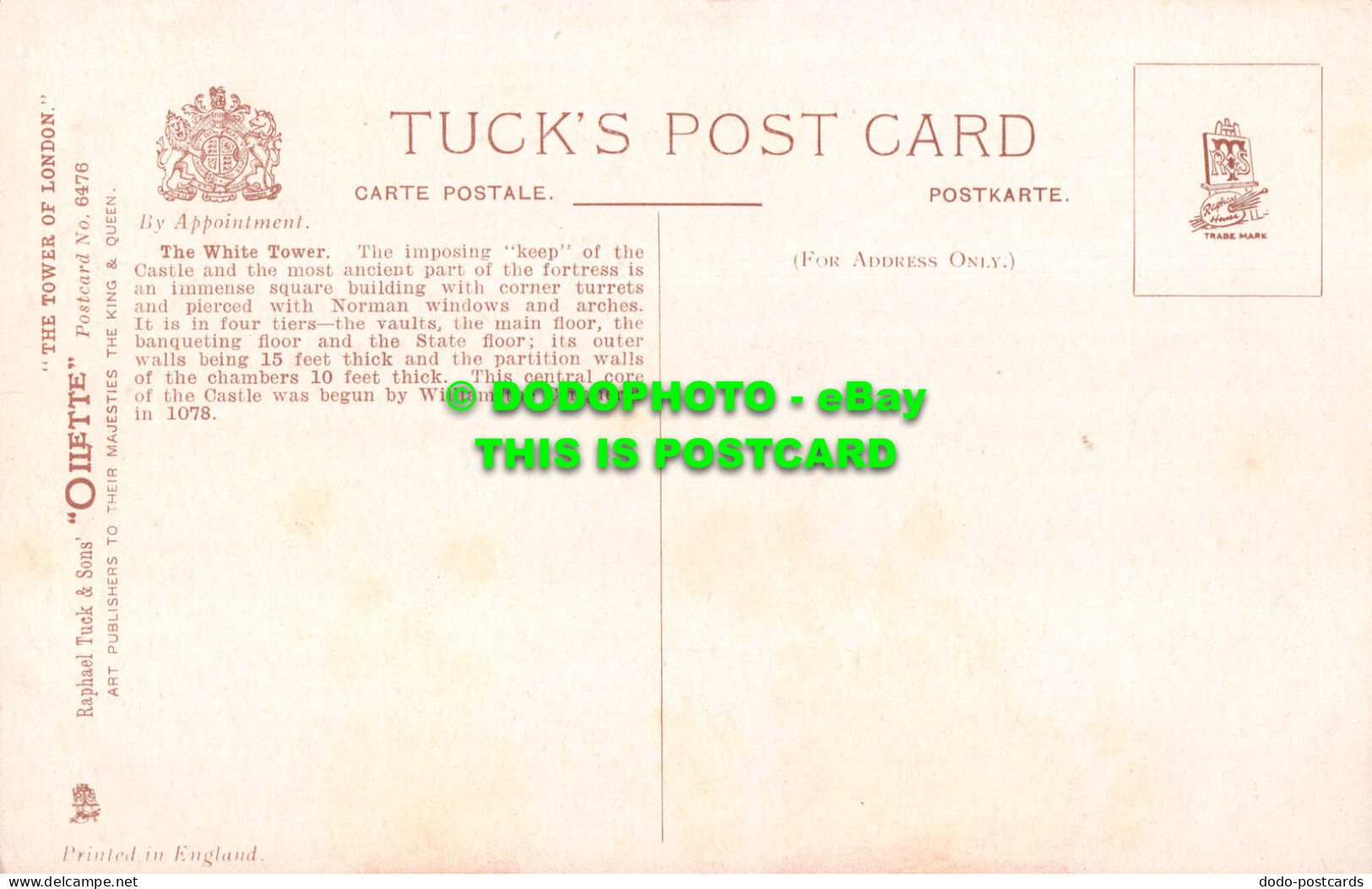 R548697 Tower Of London. The White Tower. Tuck. Oilette. Postcard No. 6476. Char - Andere & Zonder Classificatie