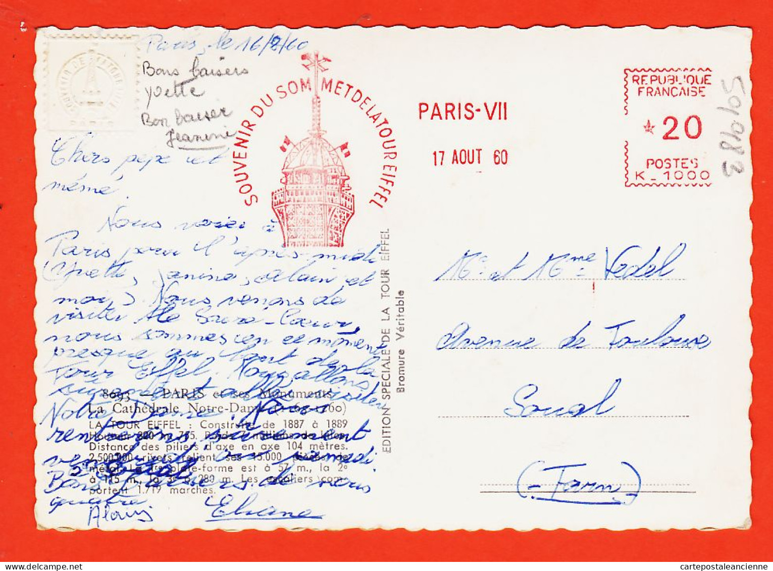 24286 /⭐ ◉  ♥️ PARIS Souvenir Tour EIFFEL Cachet à Sec SOMMET 17-08-1960 à VEDEL Soual Photo-Bromure 8693 - Eiffelturm