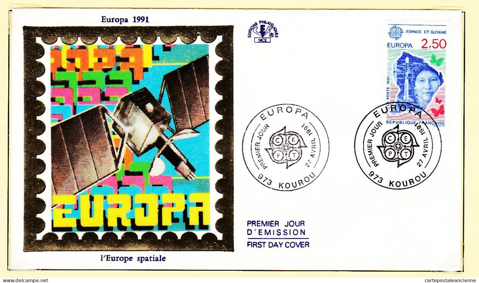 24437 /⭐ ◉  FDC Soie 1er Premier Jour EUROPE SPATIALE EUROPA 27 Avril 1991 KOUROU F.D.C First Day Cover - 1990-1999