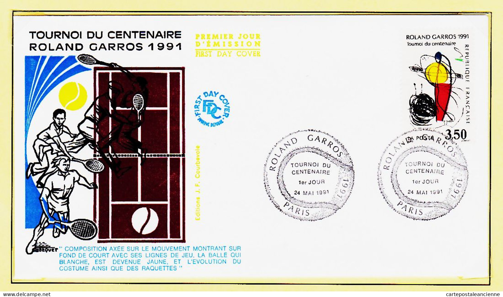 24435 /⭐ ◉  FDC 1er Premier Jour ROLAND GARROS Tennis Tournoi Du CENTENAIRE 1991 PARIS 24 Mai F.D.C First Day Cover - 1990-1999