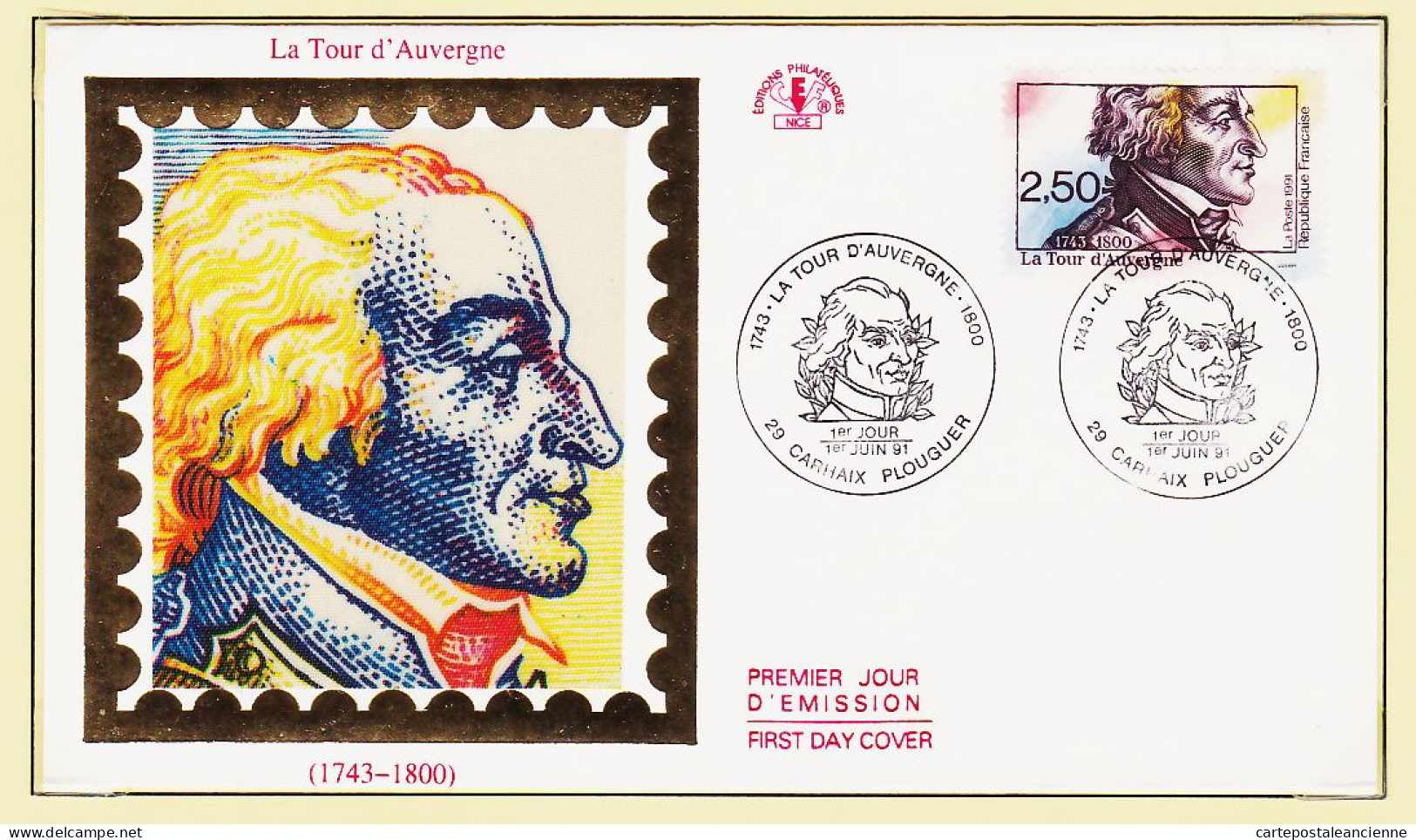 24438 /⭐ ◉  FDC Soie 1er Premier Jour La TOUR D'AUVERGNE 1743-1800 CARHAIX 01 Juin 1991 F.D.C First Day Cover - 1990-1999