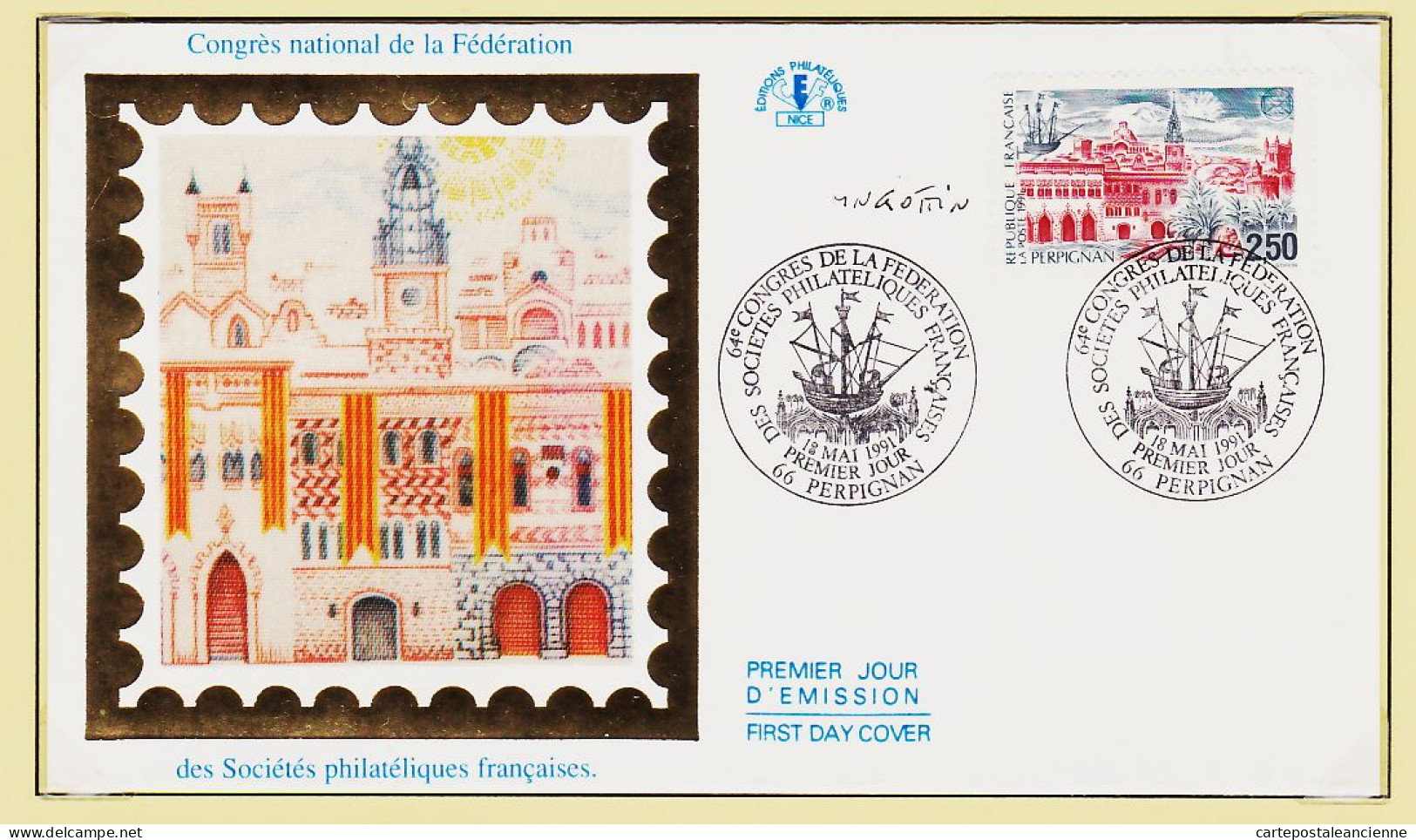 24434 /⭐ ◉  FDC Soie 1er  Jour Congrès National Fédérations Sociétés Philatéliques Françaises PERPIGNAN 18-05-1991 - 1990-1999