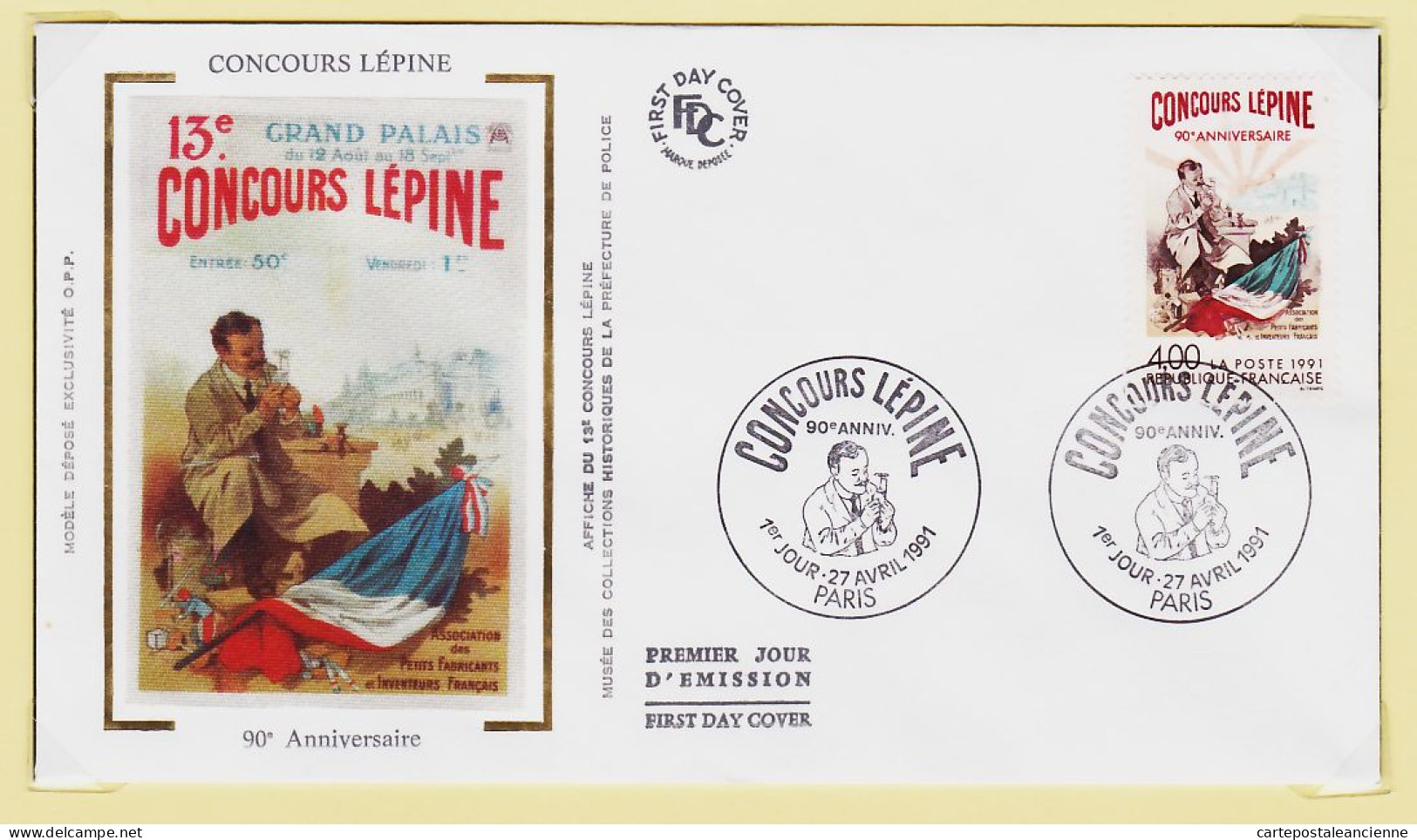 24432 /⭐ ◉  FDC Soie 1er Premier Jour 13e Concours LEPINE 12-18 Septembre 90e Anniversaire PARIS GRAND PALAIS 27-04-1991 - 1990-1999