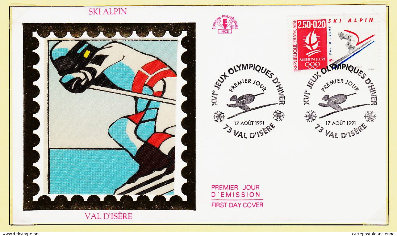 24422 /⭐ ◉  FDC Soie 1er Premier Jour XVIe JEUX OLYMPIQUES D'HIVER Ski ALPIN 17 Aout 1991 VAL D'ISERE F.D.C  - 1990-1999