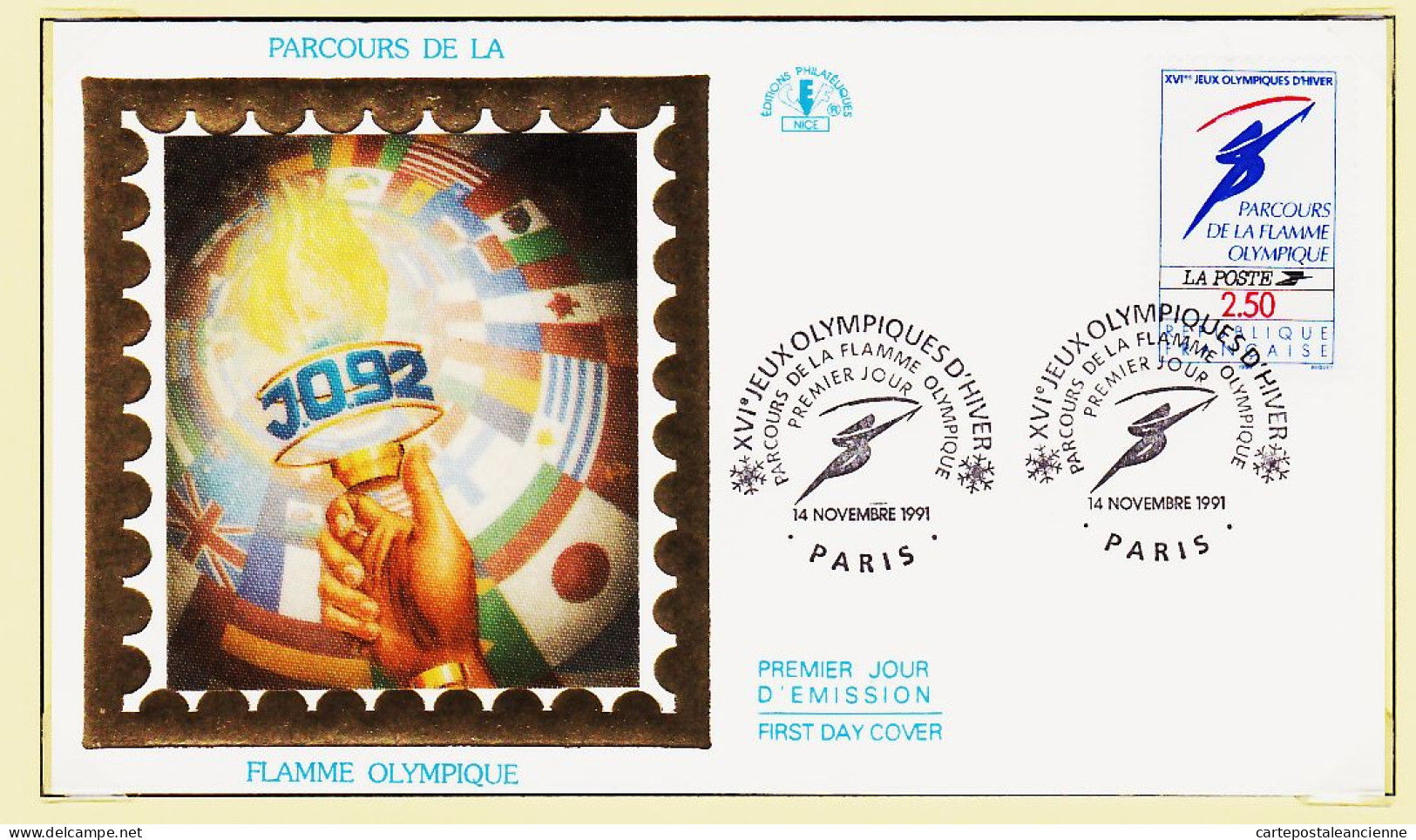 24423 /⭐ ◉  FDC Soie 1er Premier Jour XVIe JEUX OLYMPIQUES D'HIVER J.O 92 Parcours FLAMME 14 Novembre 1991 PARIS - 1990-1999