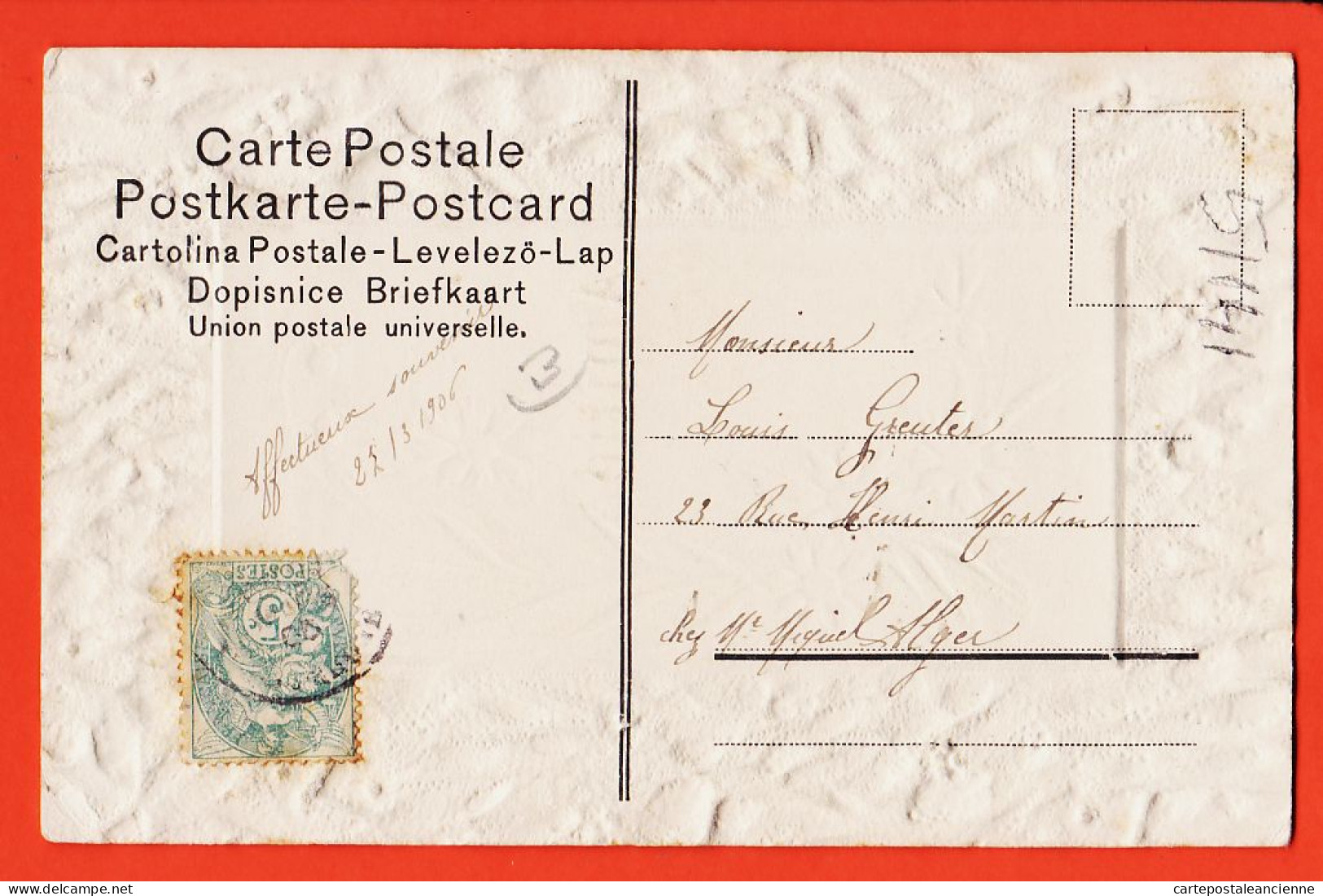 24309 /⭐ ◉  ♥️ Superbe Carte Relief Gaufrée Aspect SOIE AMITIE 1906 à Louis GREUTER C MIQUEL Rue Henri-Martin Alger - Other & Unclassified