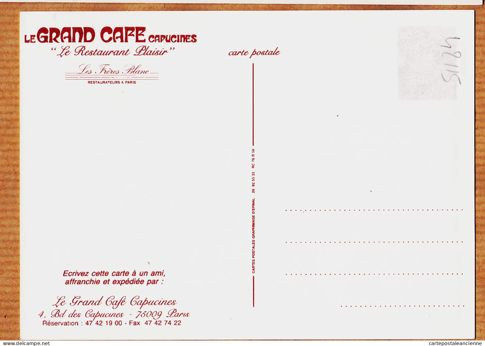 24227 /⭐ ◉  PARIS IX PARIS LE GRAND CAFE Restaurant Plaisir Des Frères BLANC 4 Boulevard Des CAPUCINES Cppub 1980s - Distretto: 09
