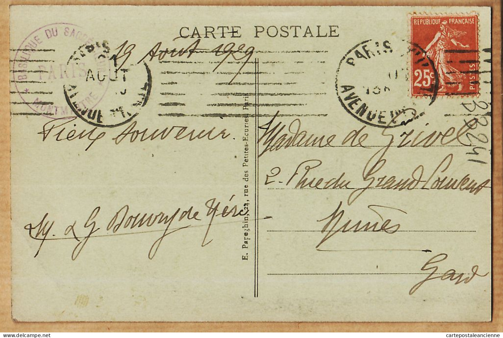 24269 /⭐ ◉  PARIS XVIII Le SACRE-COEUR De MONTMARTRE 1929 à De GRIVEL 2 Rue Grand-Couvent Nîmes Gard  A.P 465 - Arrondissement: 18
