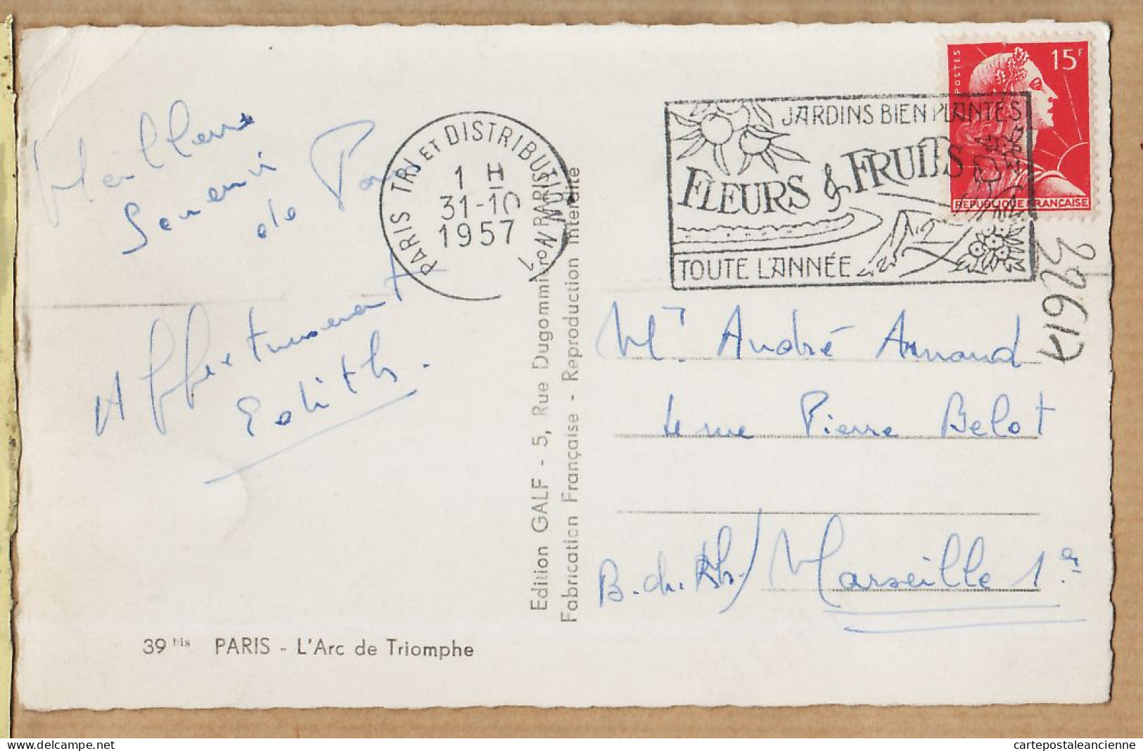 24284 /⭐ ◉  PARIS ARC De TRIOMPHE Flamme Poste Jardins Bien Plantes Fleurs Fruits 1957 -ALFA 39bis - Triumphbogen