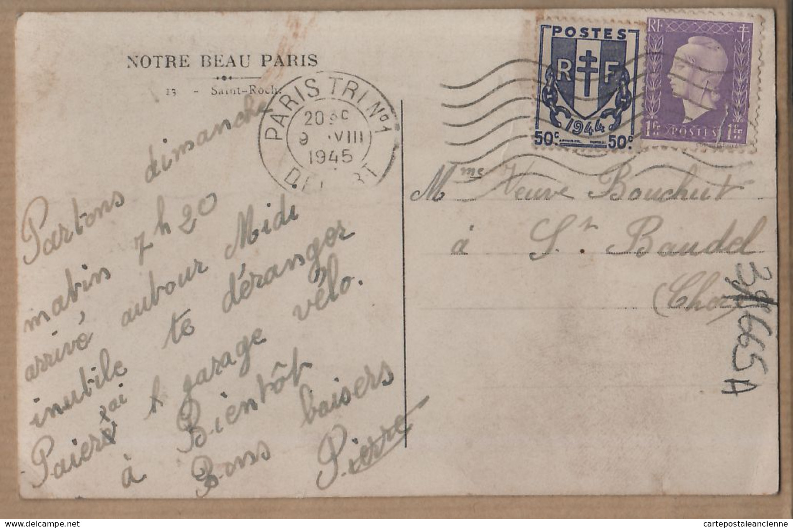 24098 /⭐ ◉  PARIS Eglise SAINT-ROCH 09-08-1945 à BOUCHUT St Baudel Cher- NOTRE BEAU PARIS GUY 13 - Distretto: 01