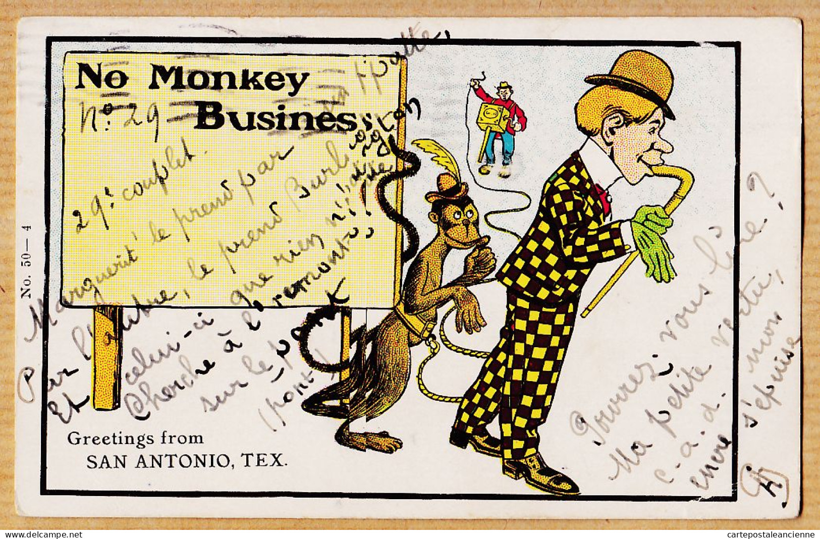 24006 / Rare SAN ANTONIO Texas Greetings No Monkey Business Humour 1906 à ROUX Calle Bruselas Mexico-City / Adolph SELIG - San Antonio