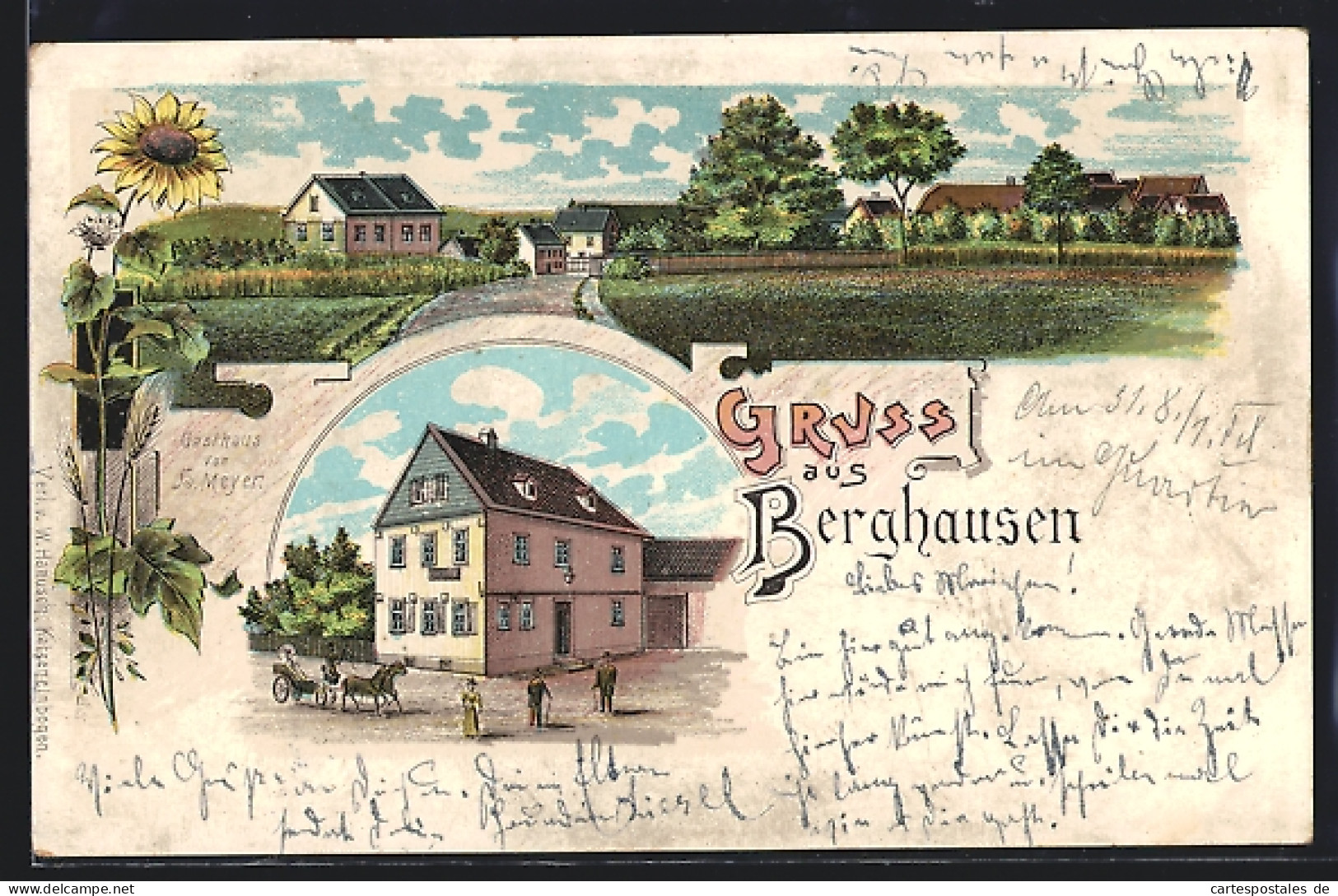 Lithographie Berghausen / Taunus, Gasthaus V. H. Meyer, Ortsansicht  - Other & Unclassified