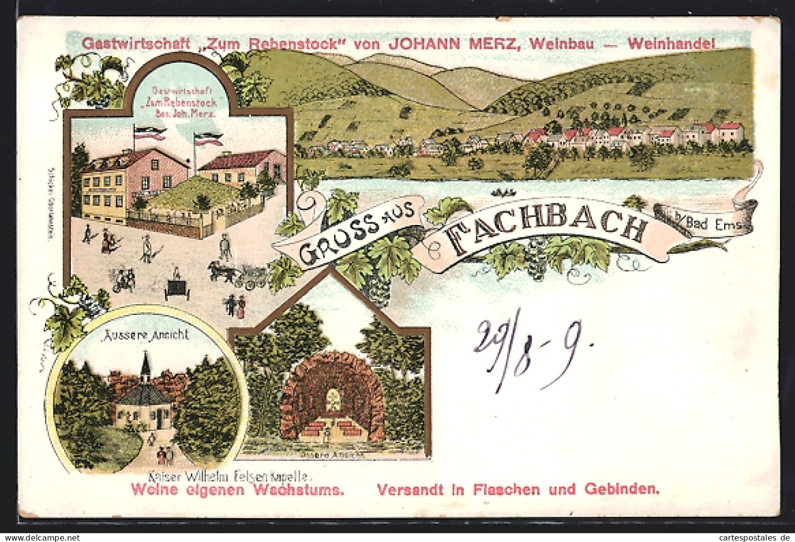 Lithographie Fachbach B. Bad Ems, Gastwirtschaft Zum Rebenstock, Bes. Joh. Merz, Kaiser Wilhelm-Felsenkapelle  - Bad Ems