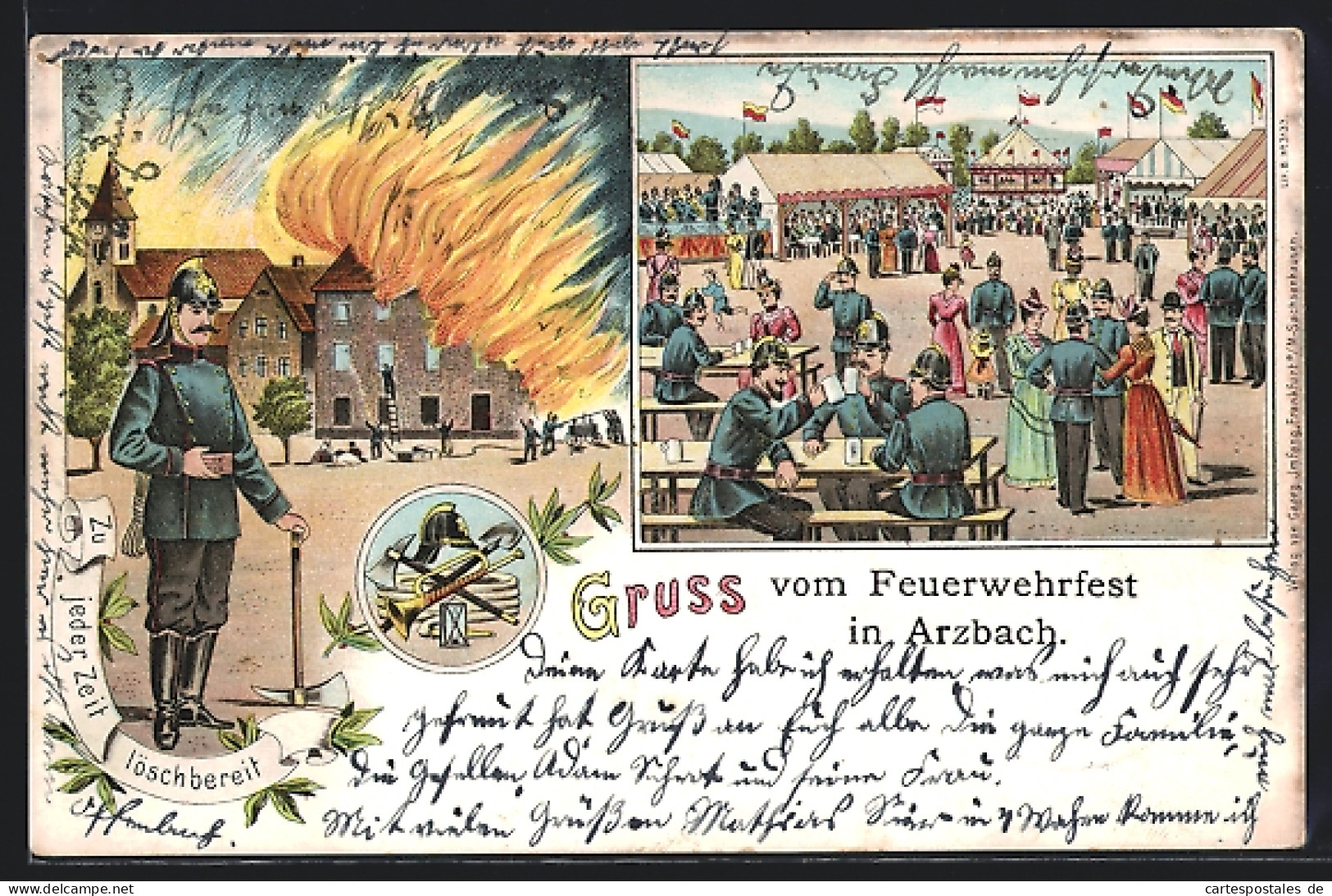 Lithographie Arzbach / Westerwald, Feuerwehrfest, Brennendes Haus  - Firemen
