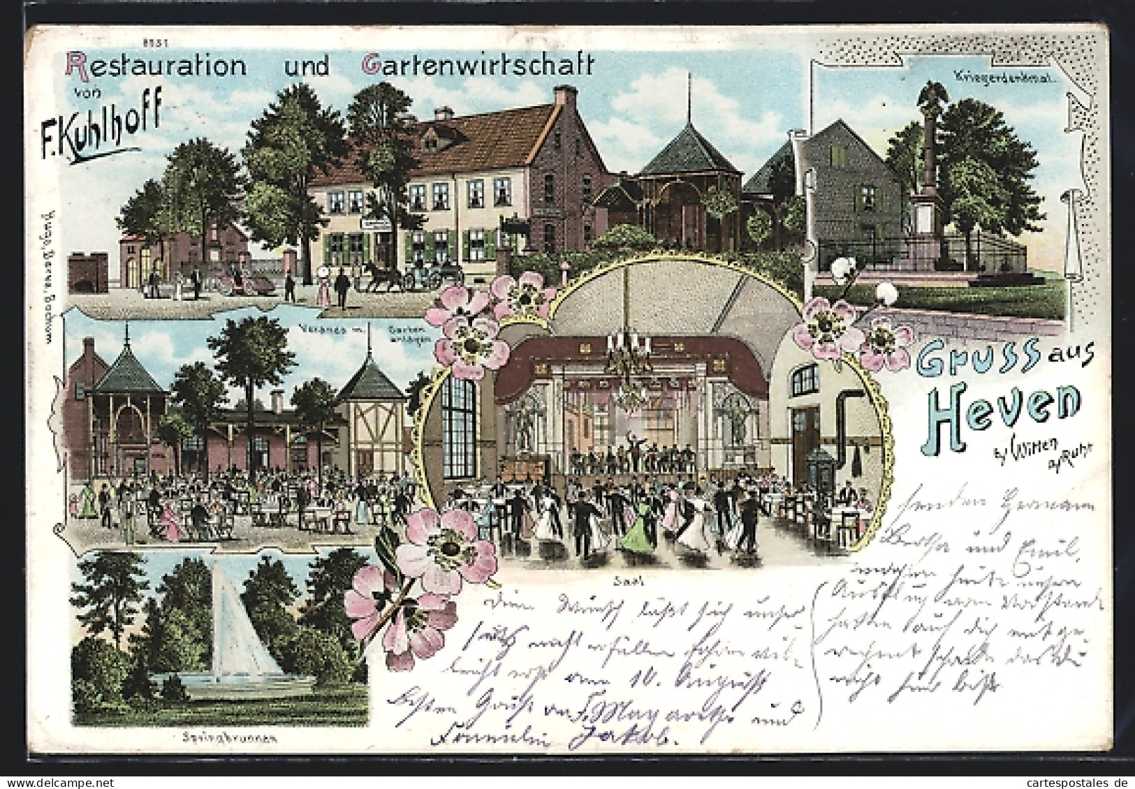 Lithographie Heven B. Witten A. Ruhr, Restauration Und Gartenwirtschaft V. F. Kuhlhoff, Kriegerdenkmal  - Witten