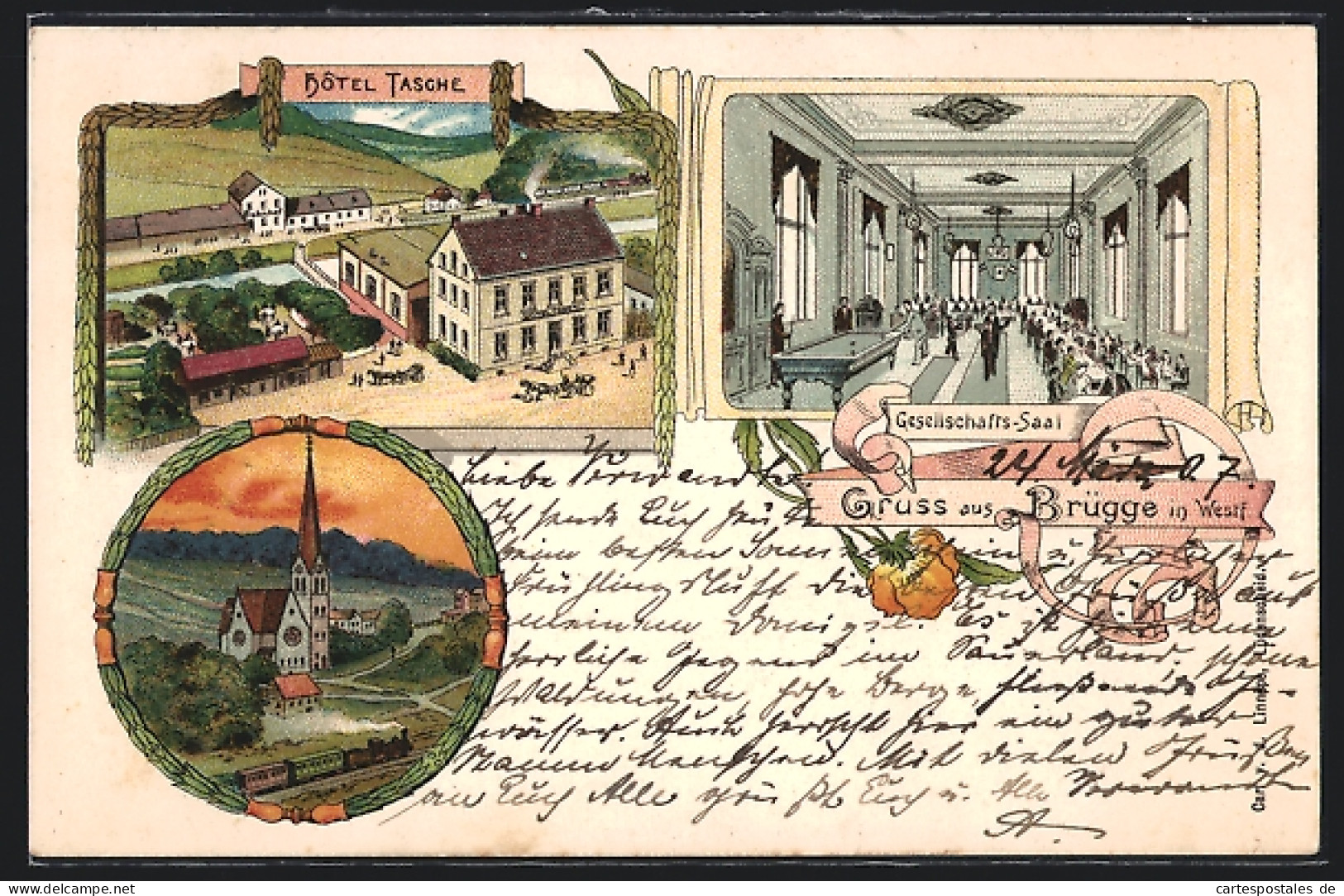 Lithographie Brügge In Westf., Hotel Tasche, Gesellschafts-Saal, Ortsansicht  - Other & Unclassified