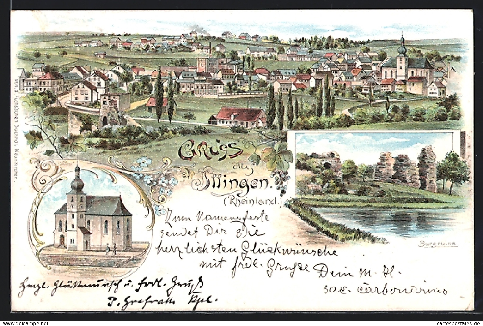 Lithographie Illingen / Westf., Kirche, Burgruine, Ortsansicht  - Other & Unclassified