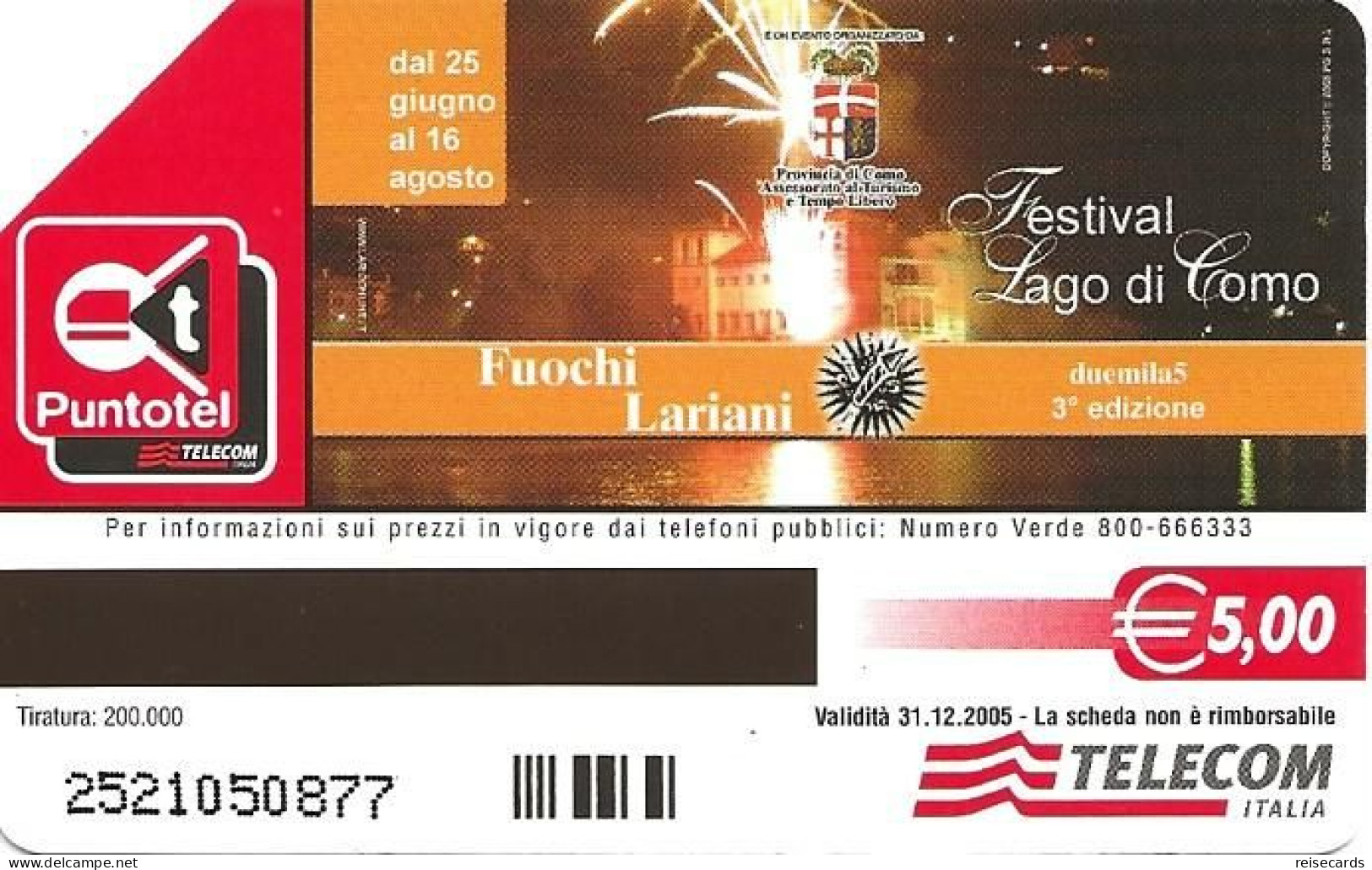 Italy: Telecom Italia Value € - Festival Lago Di Como, Fuochi Lariani - Öff. Werbe-TK