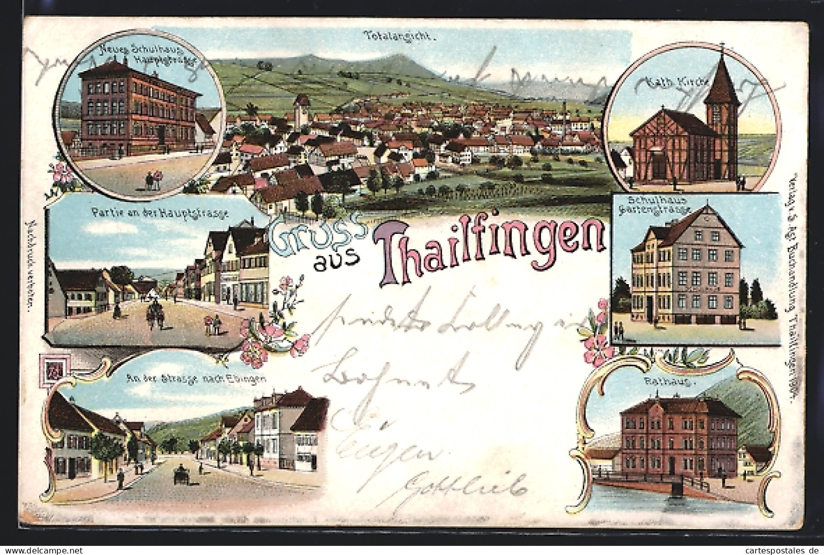 Lithographie Tailfingen / Württ., Ortsansicht, Neues Schulhaus, Kath. Kirche, Rathaus  - Sonstige & Ohne Zuordnung
