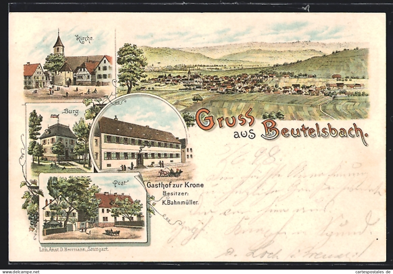 Lithographie Beutelsbach / Remstal, Panorama, Gasthof Zur Krone, Bes. K. Bahnmüller, Burg & Post  - Sonstige & Ohne Zuordnung