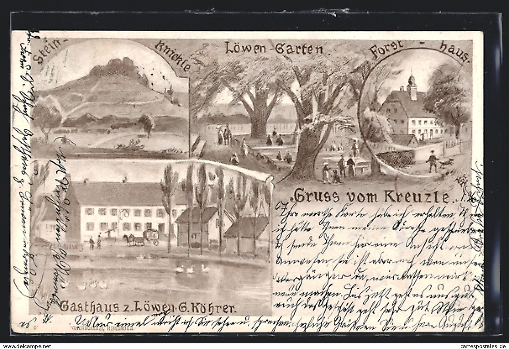 Lithographie Kreuzle, Gasthaus Z. Löwen V. G. Köhrer, Forsthaus, Löwen-Garten  - Hunting