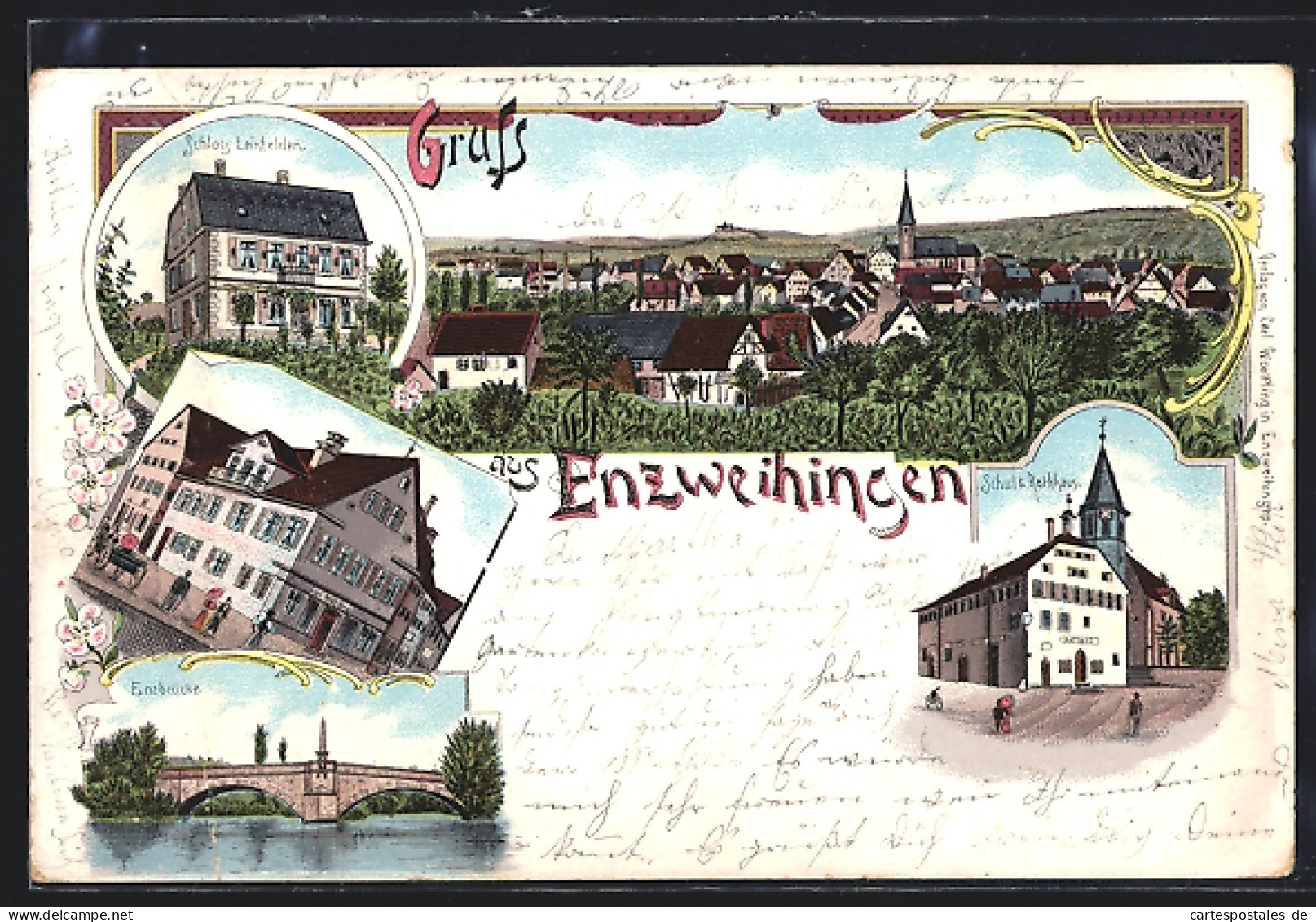Lithographie Enzweihingen, Schloss Leinfelden, Enzbrücke, Schule U. Rathaus  - Sonstige & Ohne Zuordnung