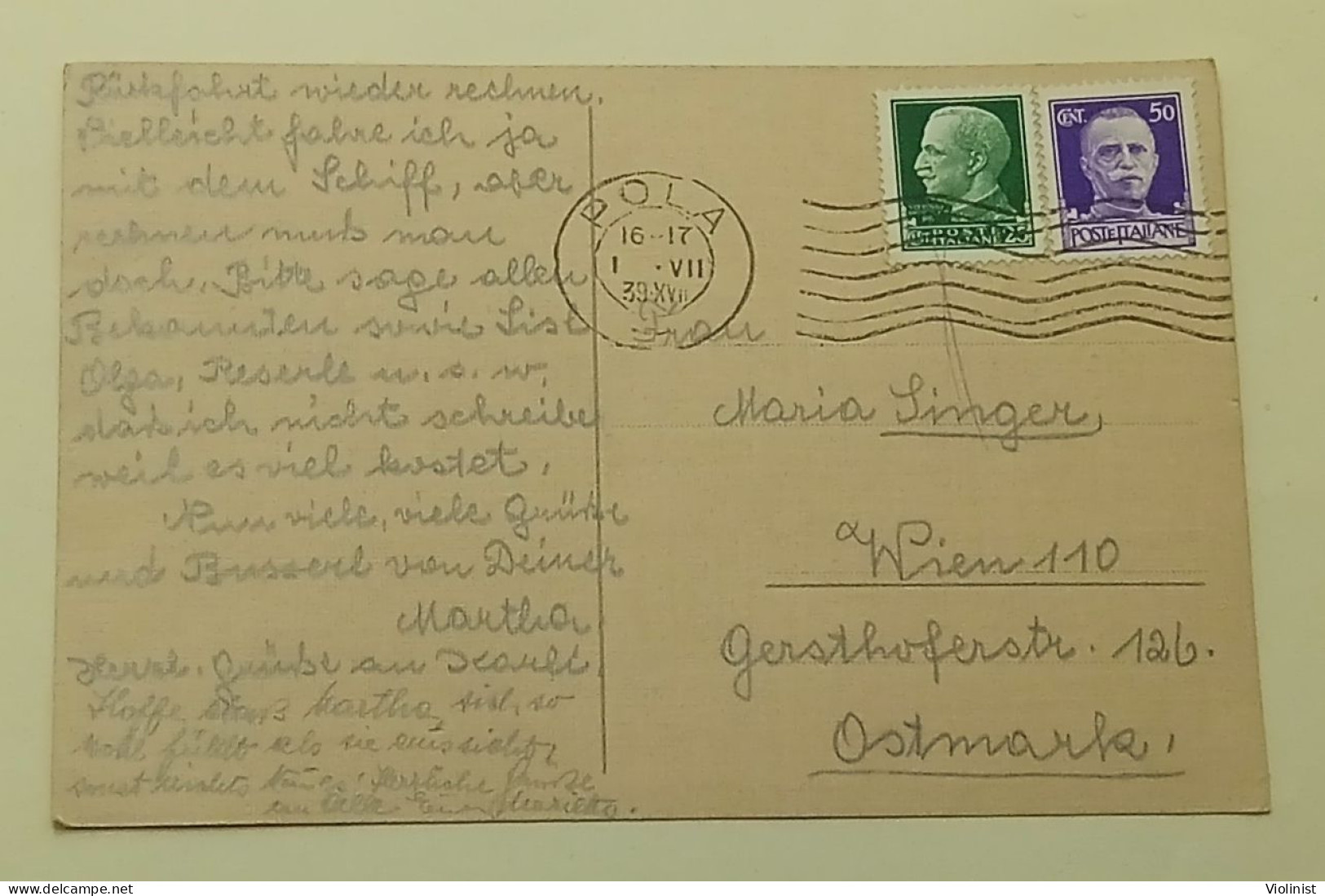 Italian Post - Stationery Sent From Pula To Vienna - Postmark POLA 1939. - Entiers Postaux