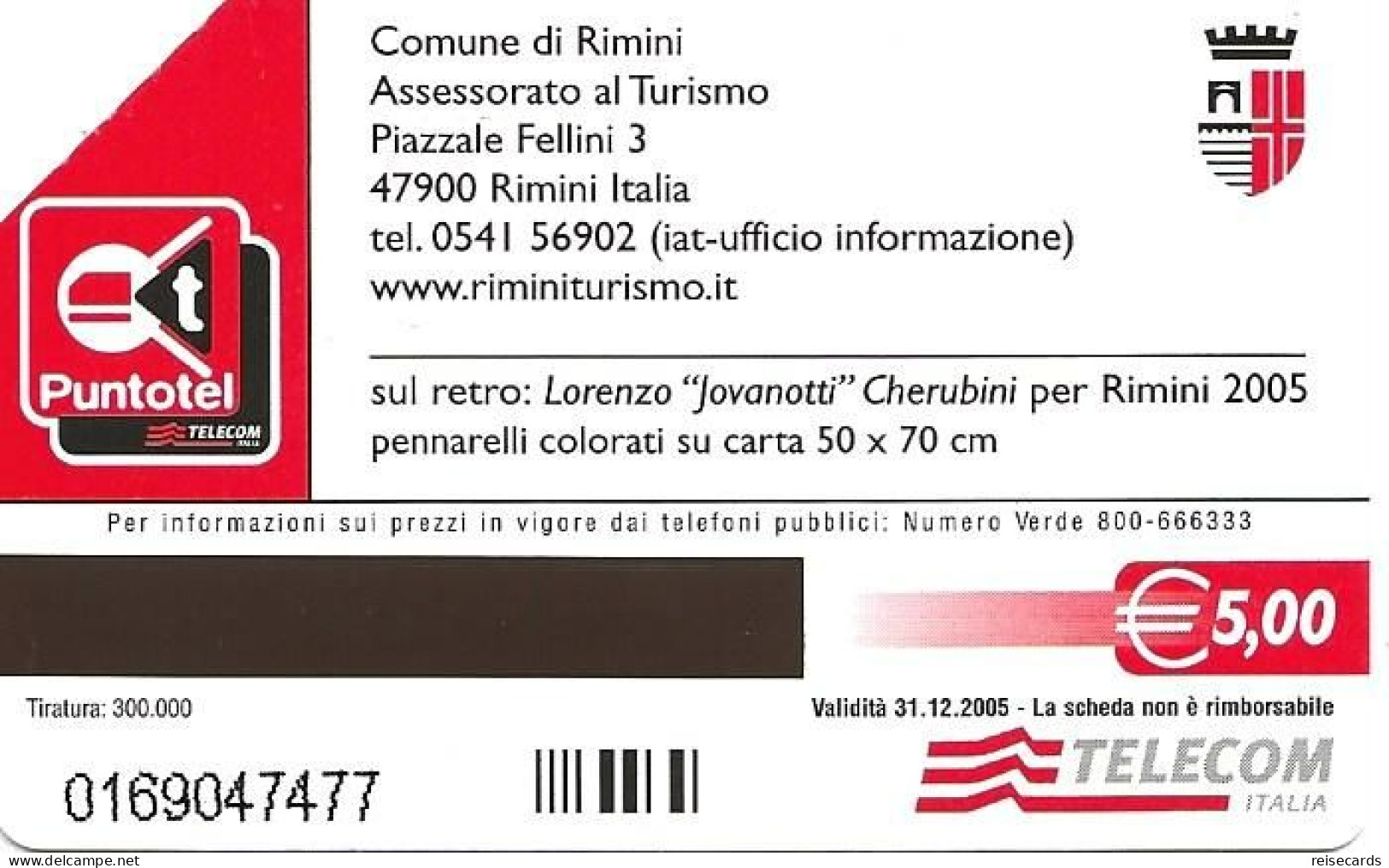 Italy: Telecom Italia Value € - Comune Di Rimini, Lorenzo "Jovanotti" Cherubini - Pubbliche Pubblicitarie