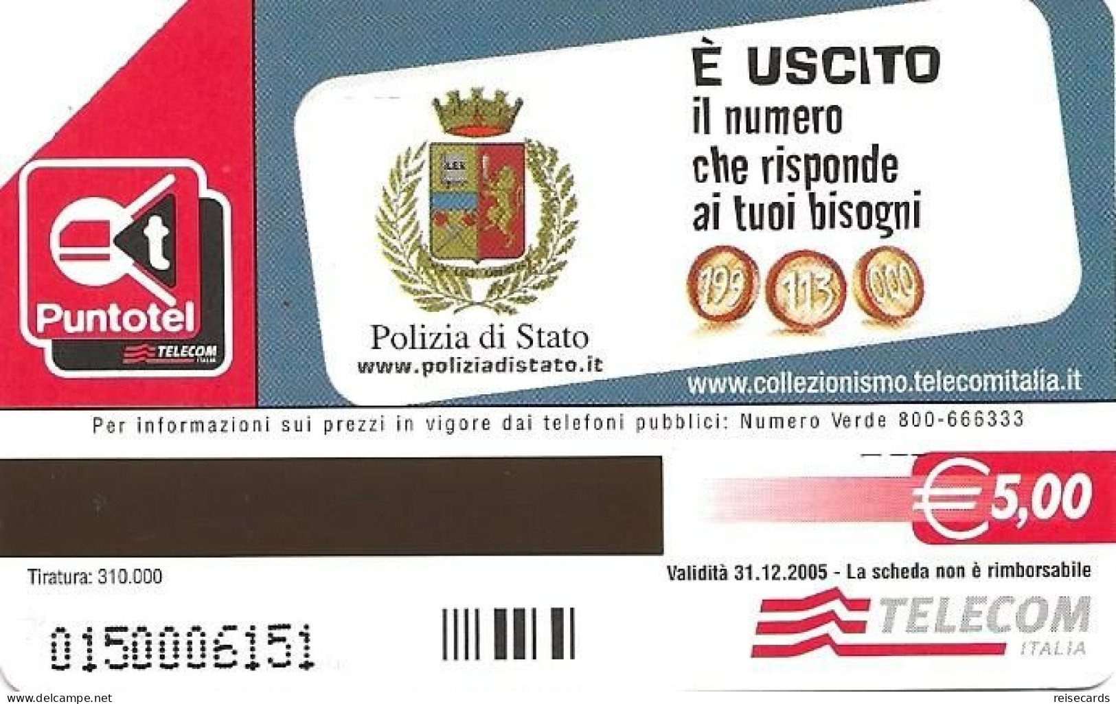 Italy: Telecom Italia Value € - Polizia Di Stato - Openbare Reclame