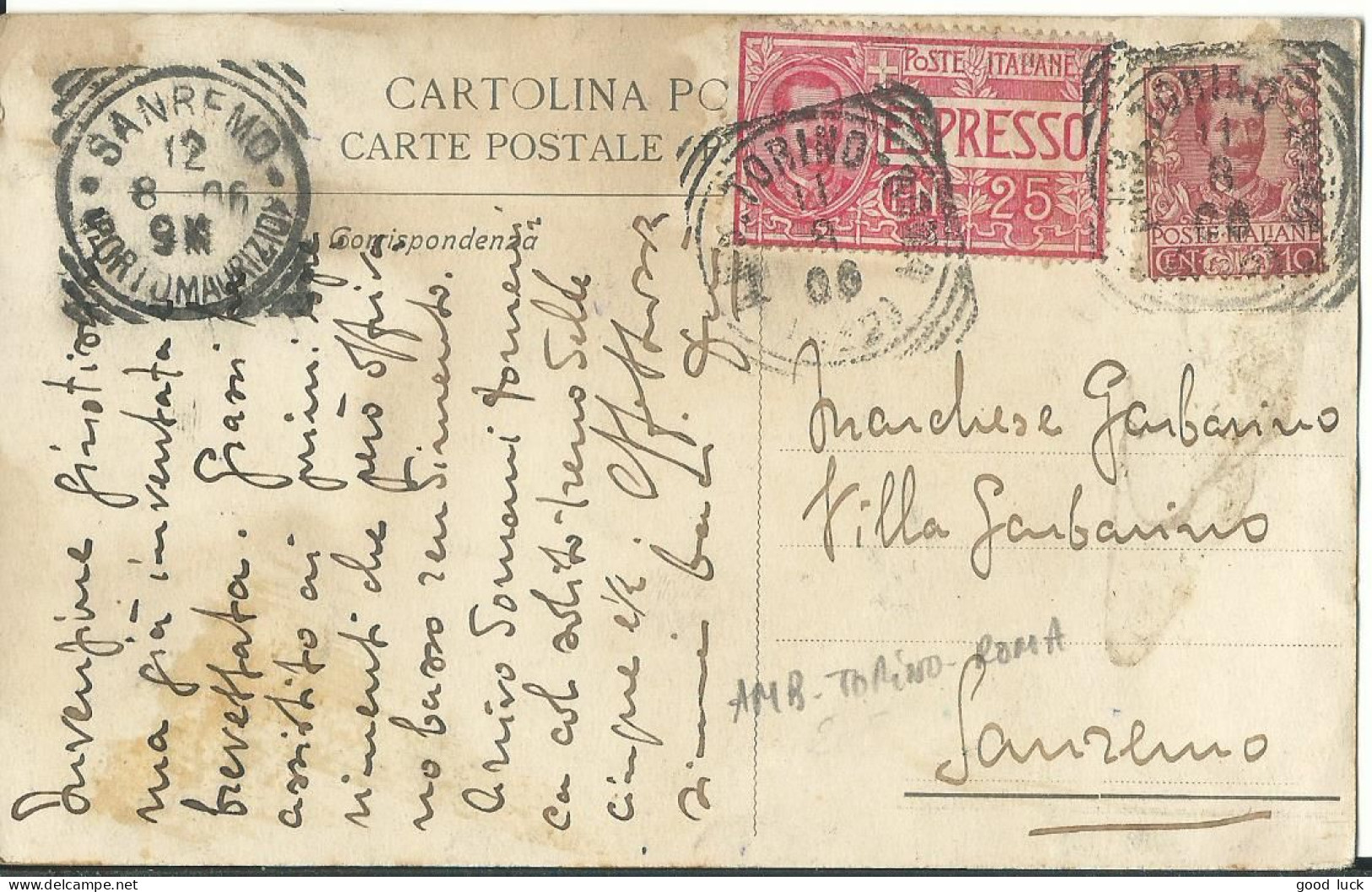 ITALIE  CARTE  35c TURIN POUR SANREMO  + AMBULANT TORINO-ROMA DE 1906 LETTRE COVER - Marcophilia