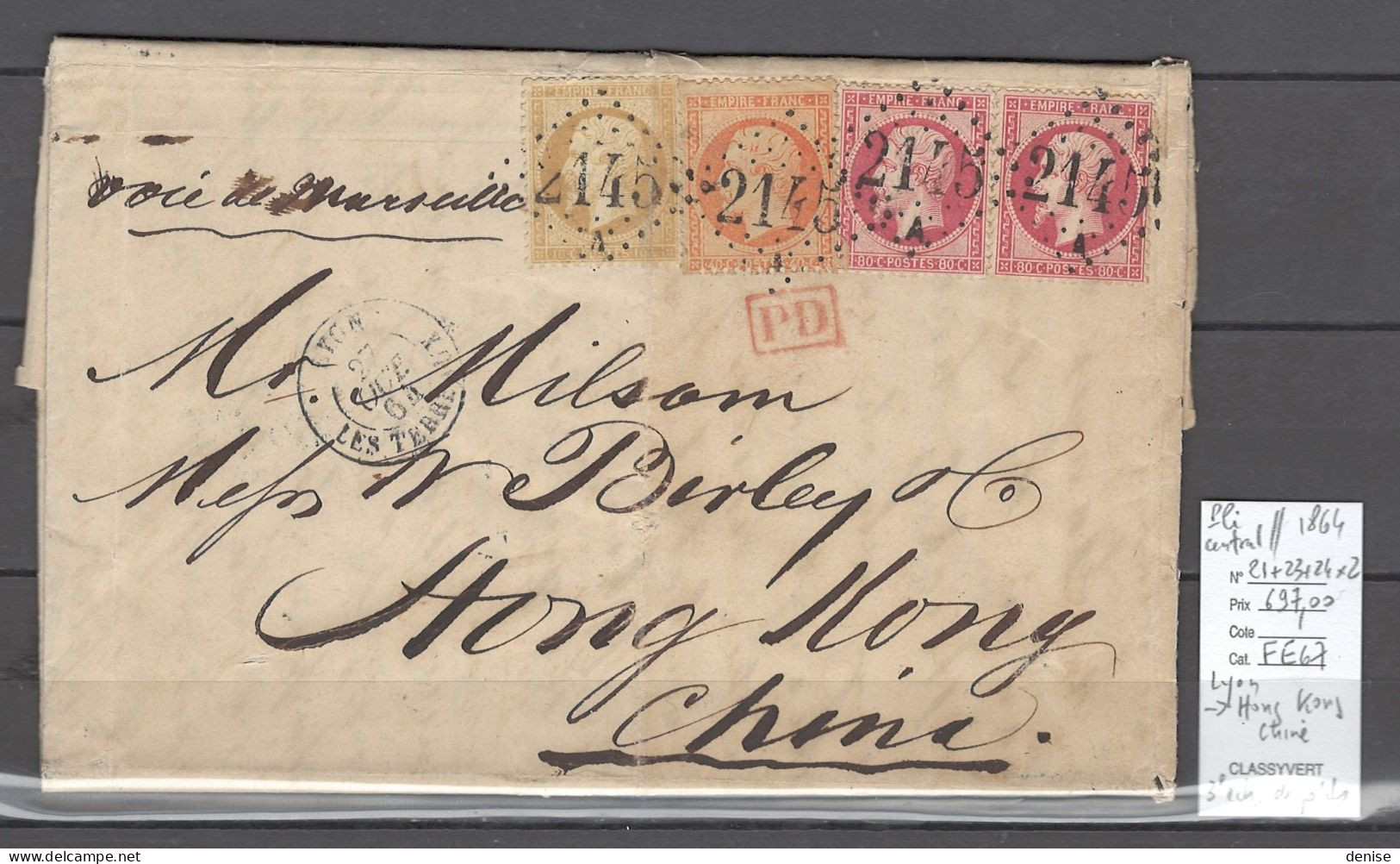 France - Lettre Pour Hong Kong - 1864 - Chine - Yvert 21 + 23 + 24 X 2 - Napoléon - 1849-1876: Klassieke Periode