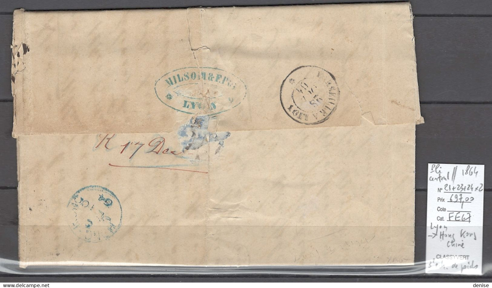 France - Lettre Pour Hong Kong - 1864 - Chine - Yvert 21 + 23 + 24 X 2 - Napoléon - 1849-1876: Klassieke Periode