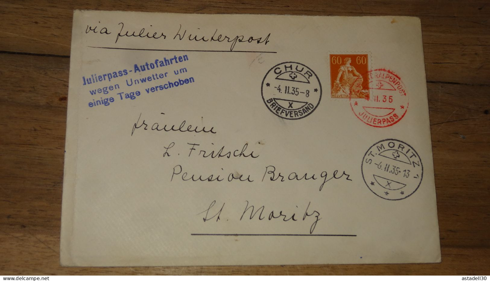 Enveloppe Cachet Rouge Julierpass - 1935  ......... Boite1 ...... 240424-145 - Postmark Collection