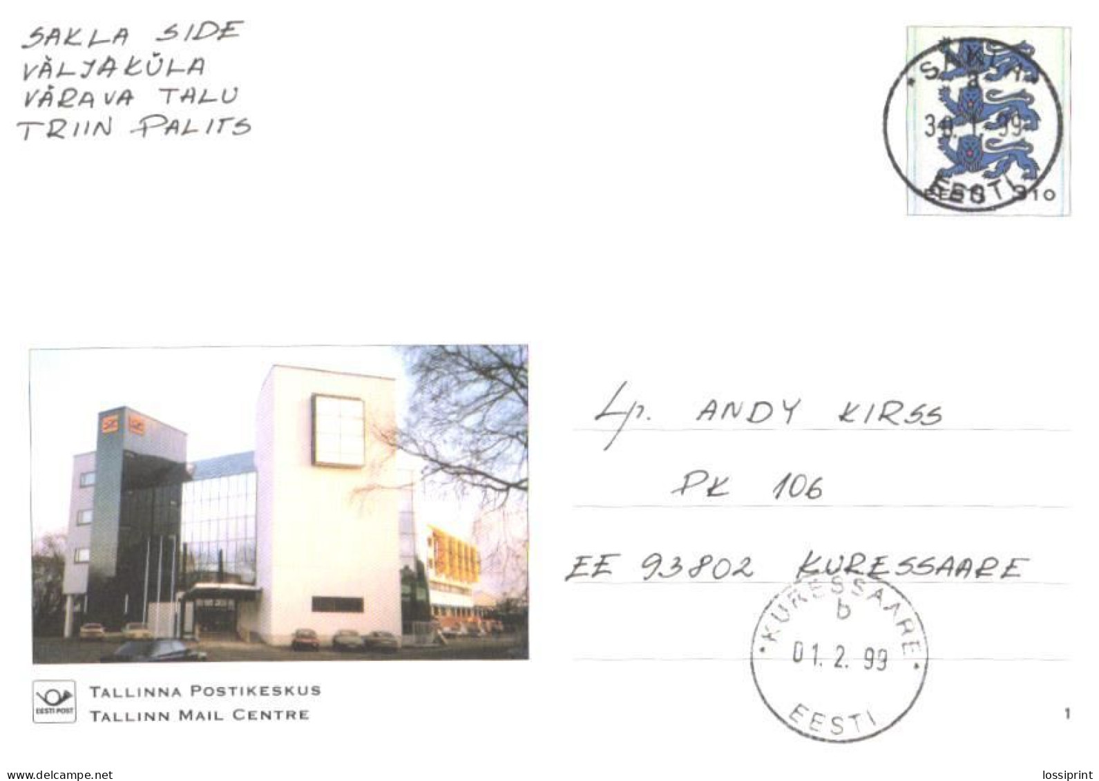 Estonia:Postal Stationery Nr.1, Tallinn Mail Centre, 1999 - Estland