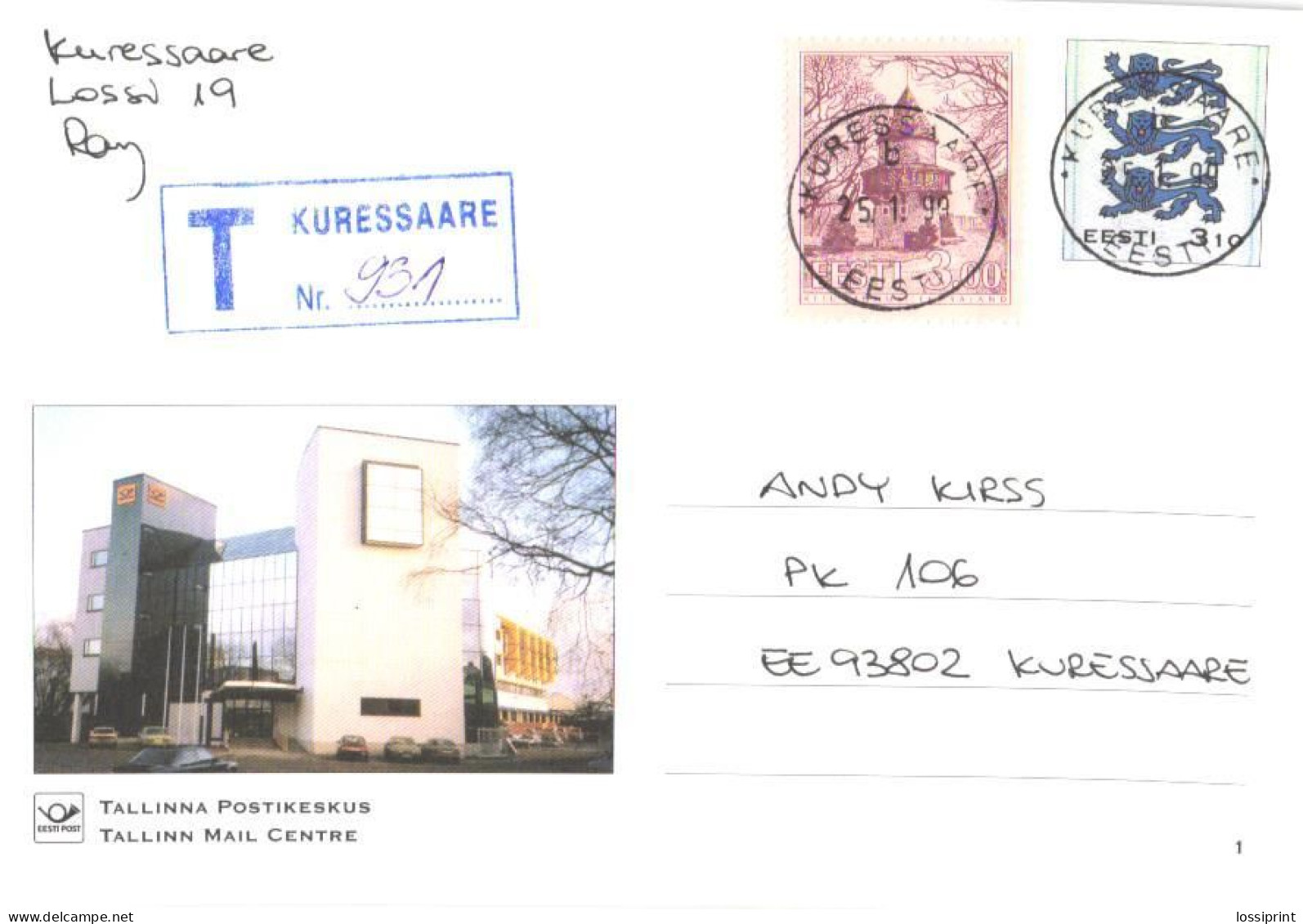 Estonia:Postal Stationery Nr.1, Tallinn Mail Centre, Registered, FDC, 1999 - Estland