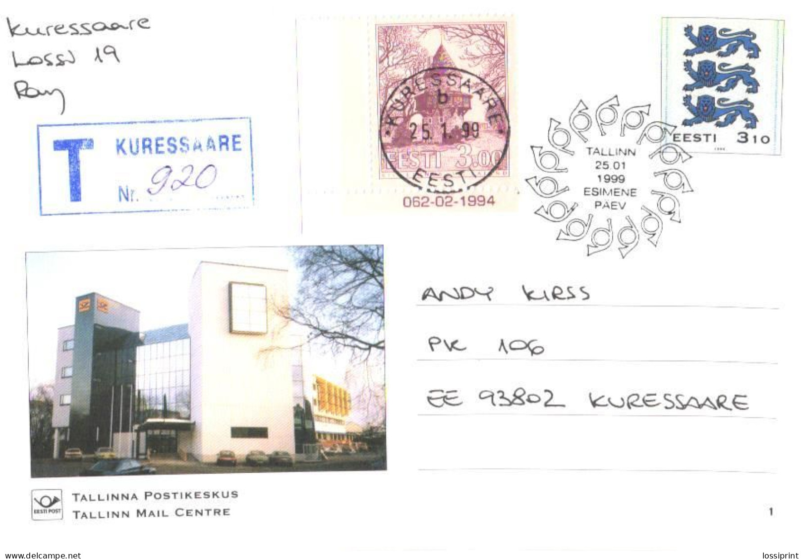 Estonia:Postal Stationery Nr.1, Tallinn Mail Centre, Registered, FDC, 1999 - Estonie