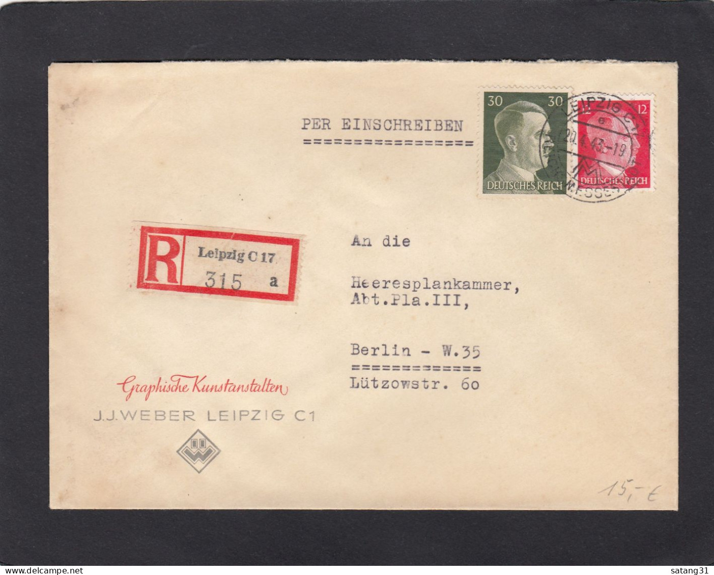 GRAPHISCHE KUNSTANSTALTEN,LEIPZIG. EINGESCHRIEBENER BRIEF NACH BERLIN,1943. - Covers & Documents