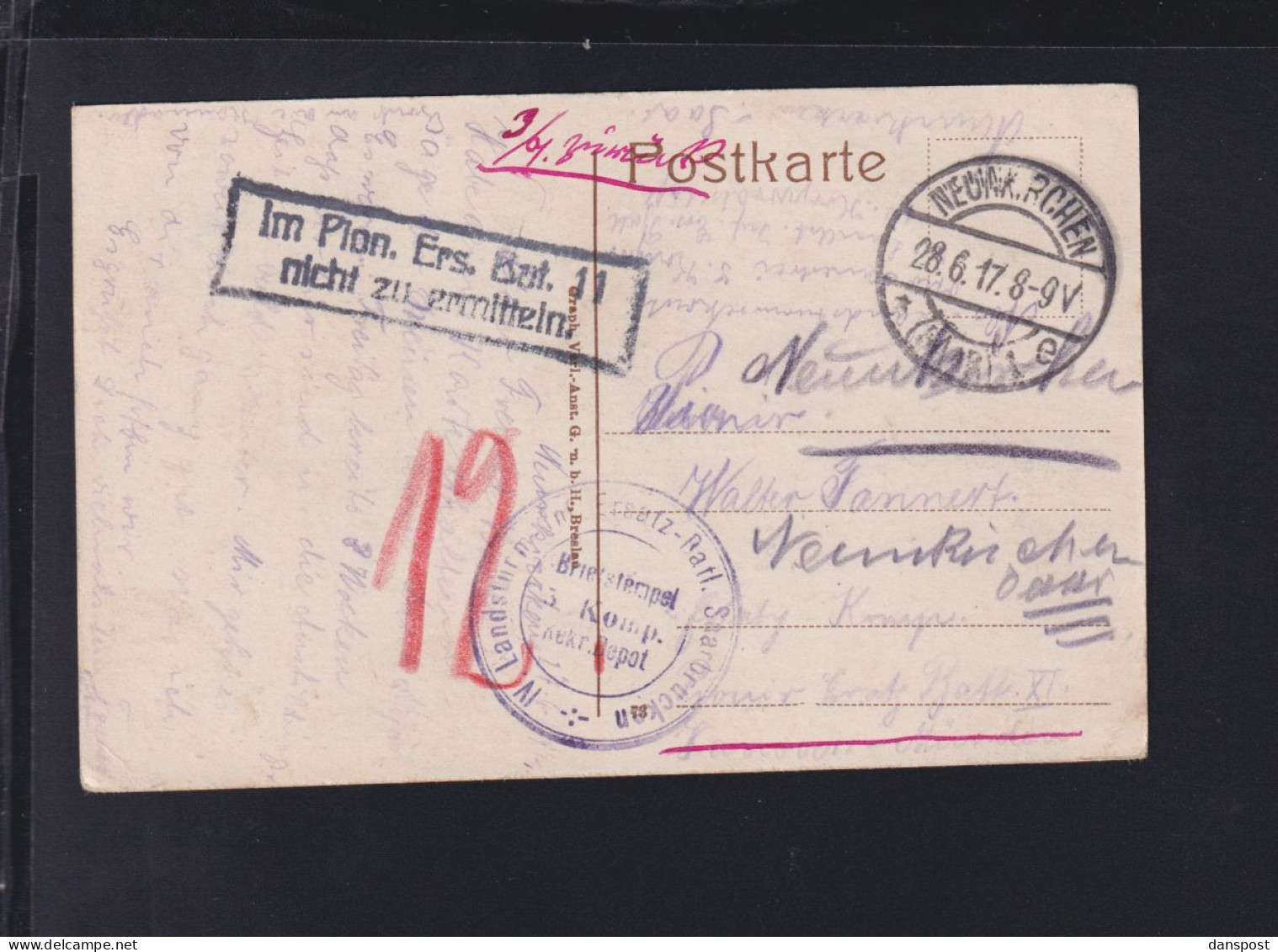 Dt. Reich AK Neunkirchen 1917 Feldpost Zurück Nachporto - Covers & Documents