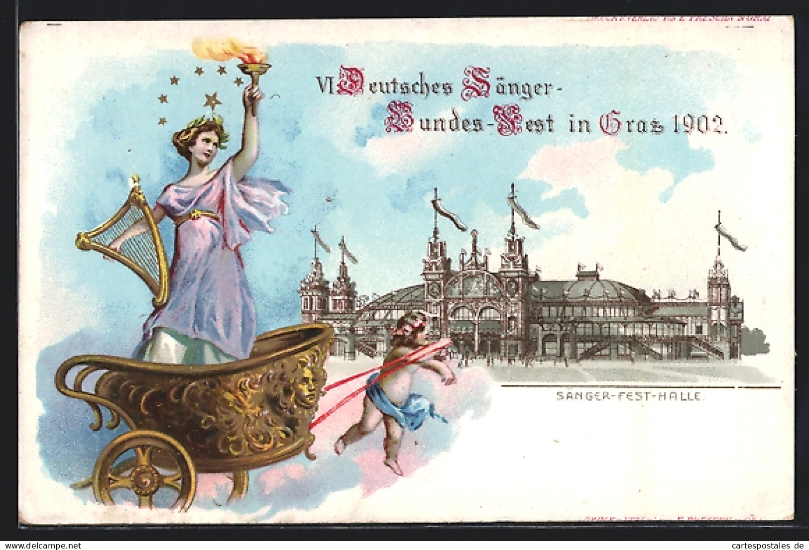 Lithographie Graz, VI. Deutsches Sänger-Bundes-Fest 1902, Sängerfesthalle, Frau Mit Harfe U. Fackel  - Other & Unclassified