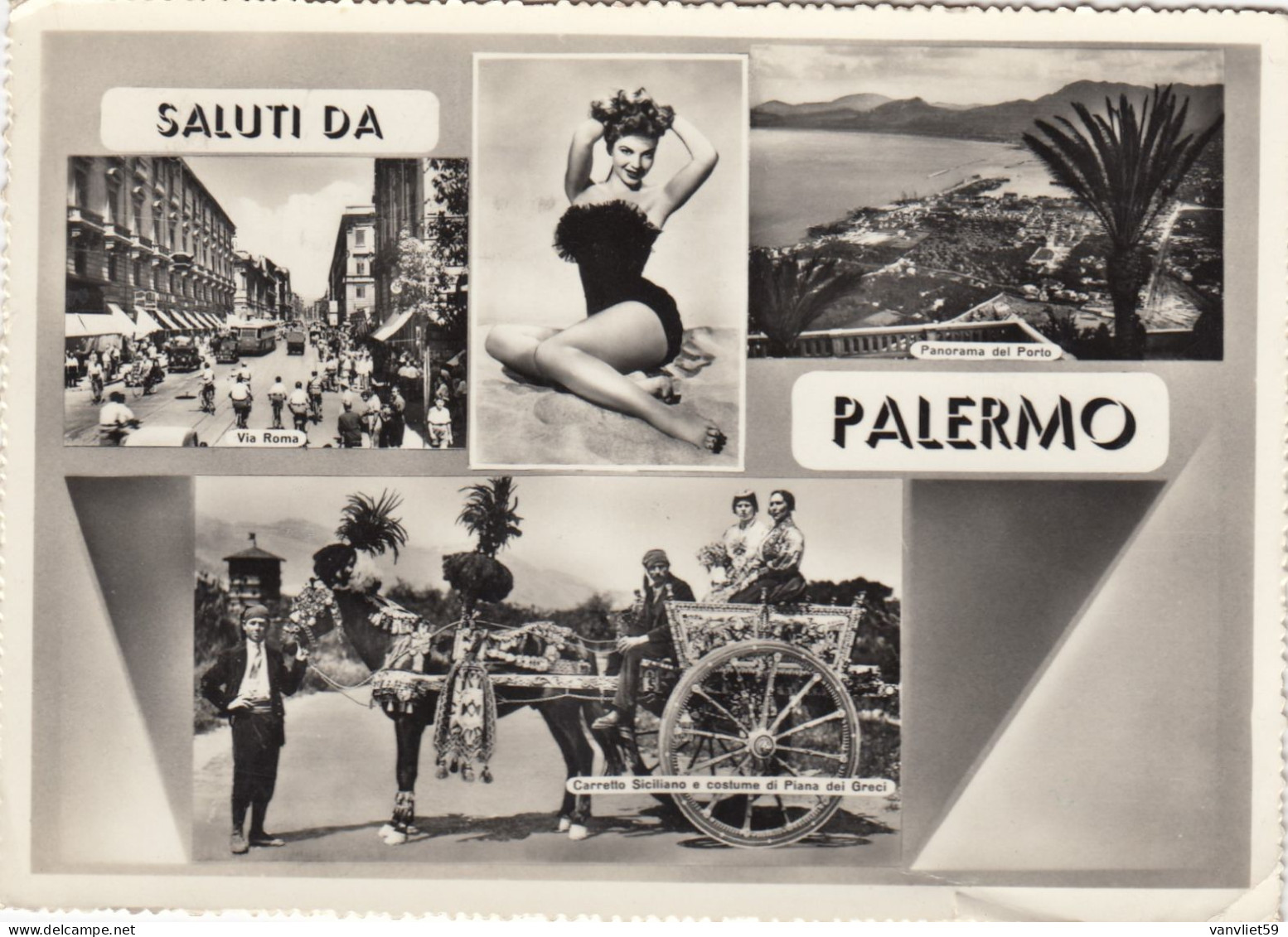 PALERMO-SALUTI DA..PIN UP E CARRETTO SICILIANO-MULTIVEDUTE CARTOLINA VERA FOTOGRAFIA VIAGGIATA IL 23-6-1958 - Palermo