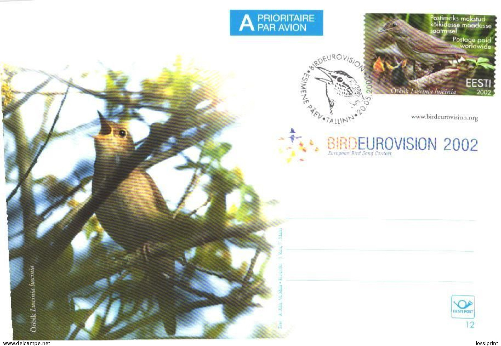 Estonia:Postal Stationery Nr. 12, Pärnu County, Bird, Eurovision 2002, FDC, Air Mail - Estonie