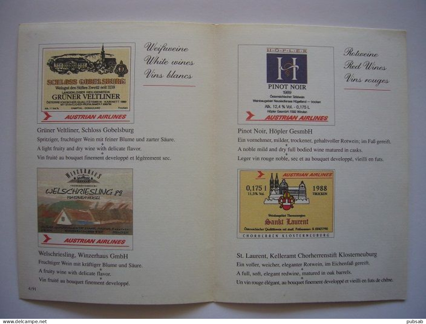 Avion / Airplane / AUSTRIAN AIRLINES / Business Class Menu & Wine List / Size : 10,5X15cm - 1946-....: Era Moderna