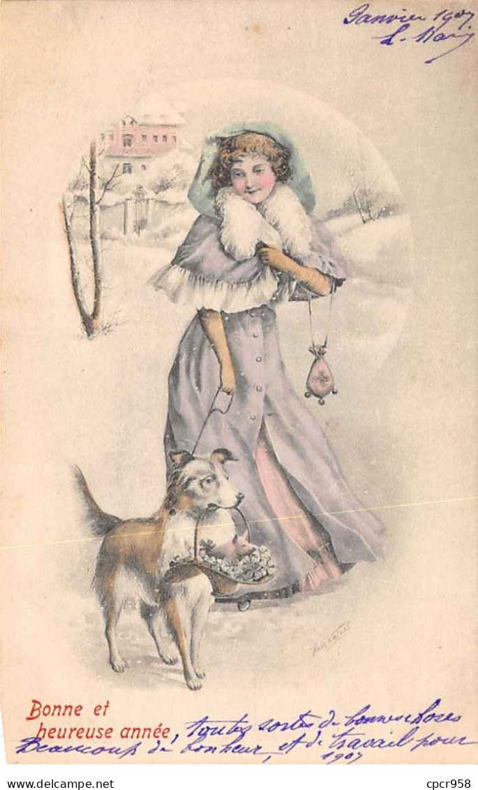 Fantaisie - N°91156 - Bonne Et Heureuse Année ! - Jeune Femme Se Promenant Avec Un Chien - Vrouwen