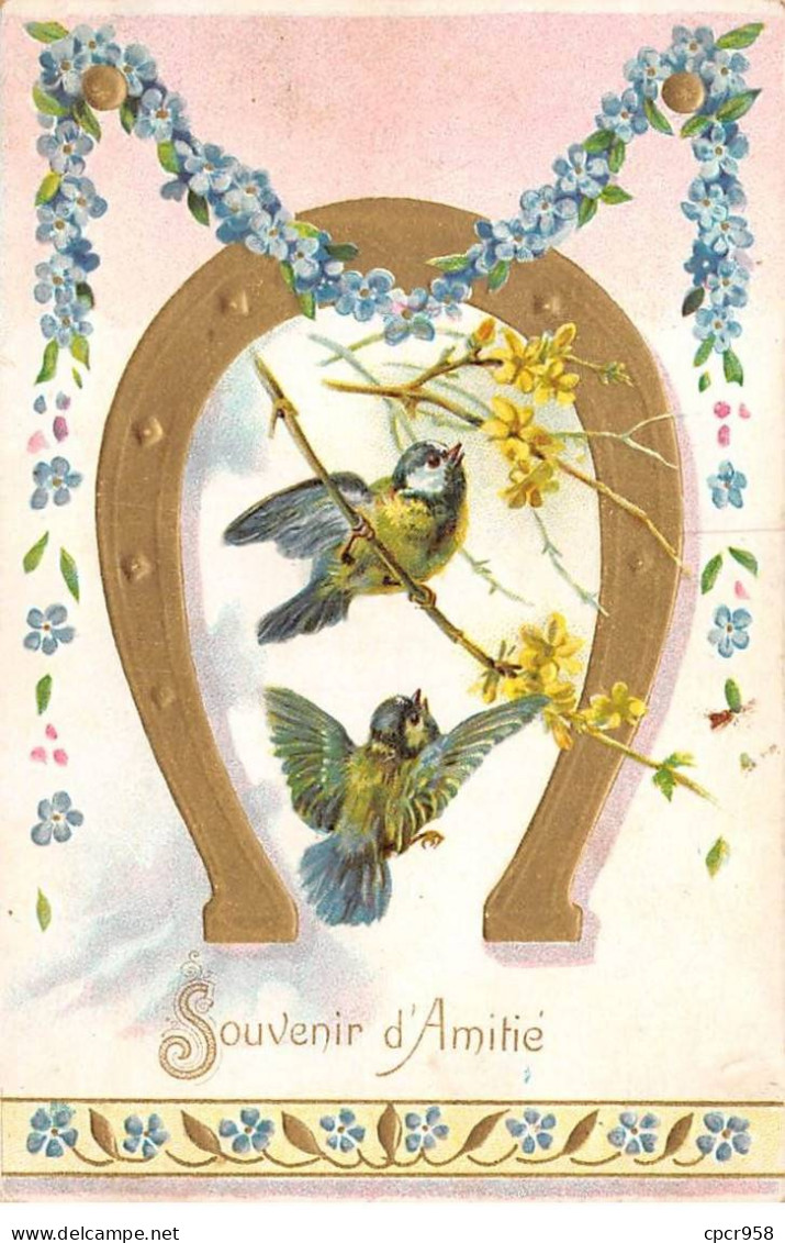 Fantaisie - N°91151 - Souvenir D'Amitié - Oiseaux Sous Un Fer à Cheval, Et Une Guirlande De Myosotis - Carte Gaufrée - Autres & Non Classés